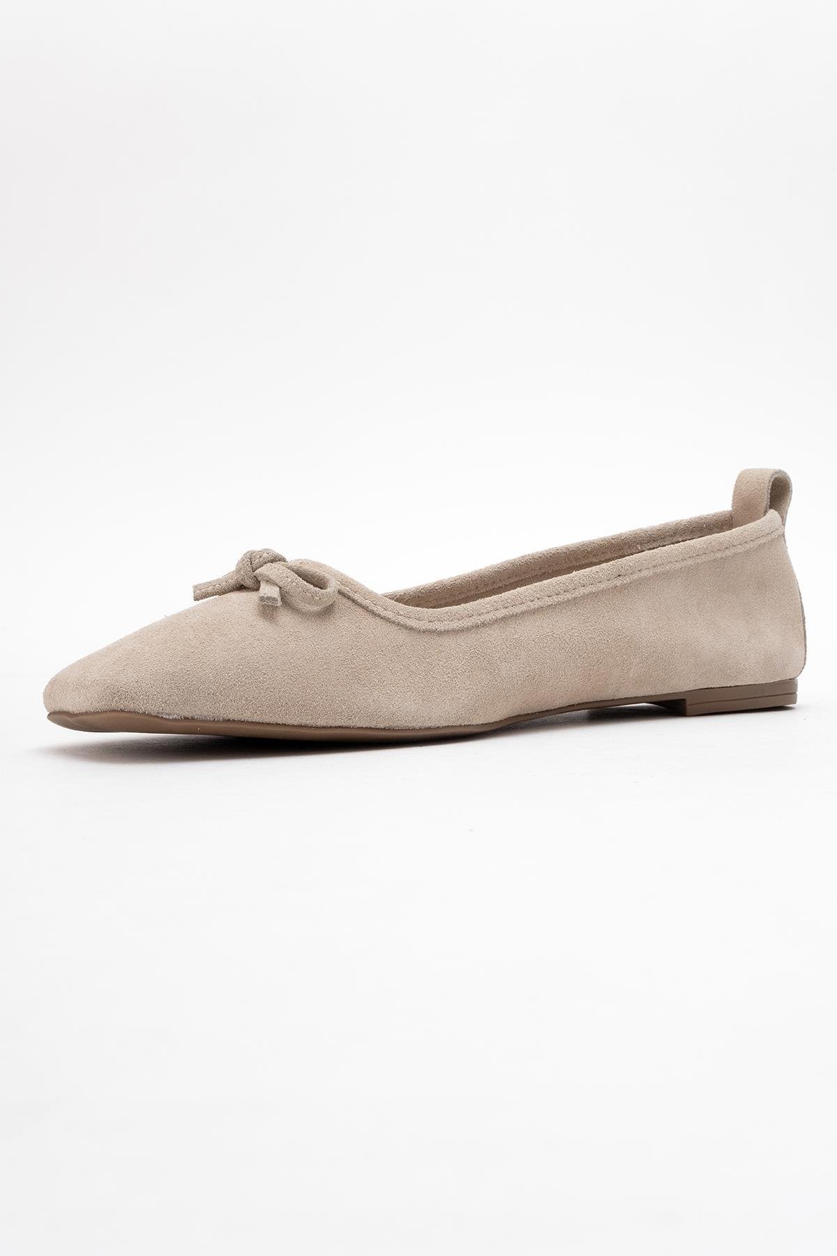 Sosa - Beige Suede Genuine Leather Square Toe Bow Ballet Flat – heel view showing bow, leather, suede, Vowalisse