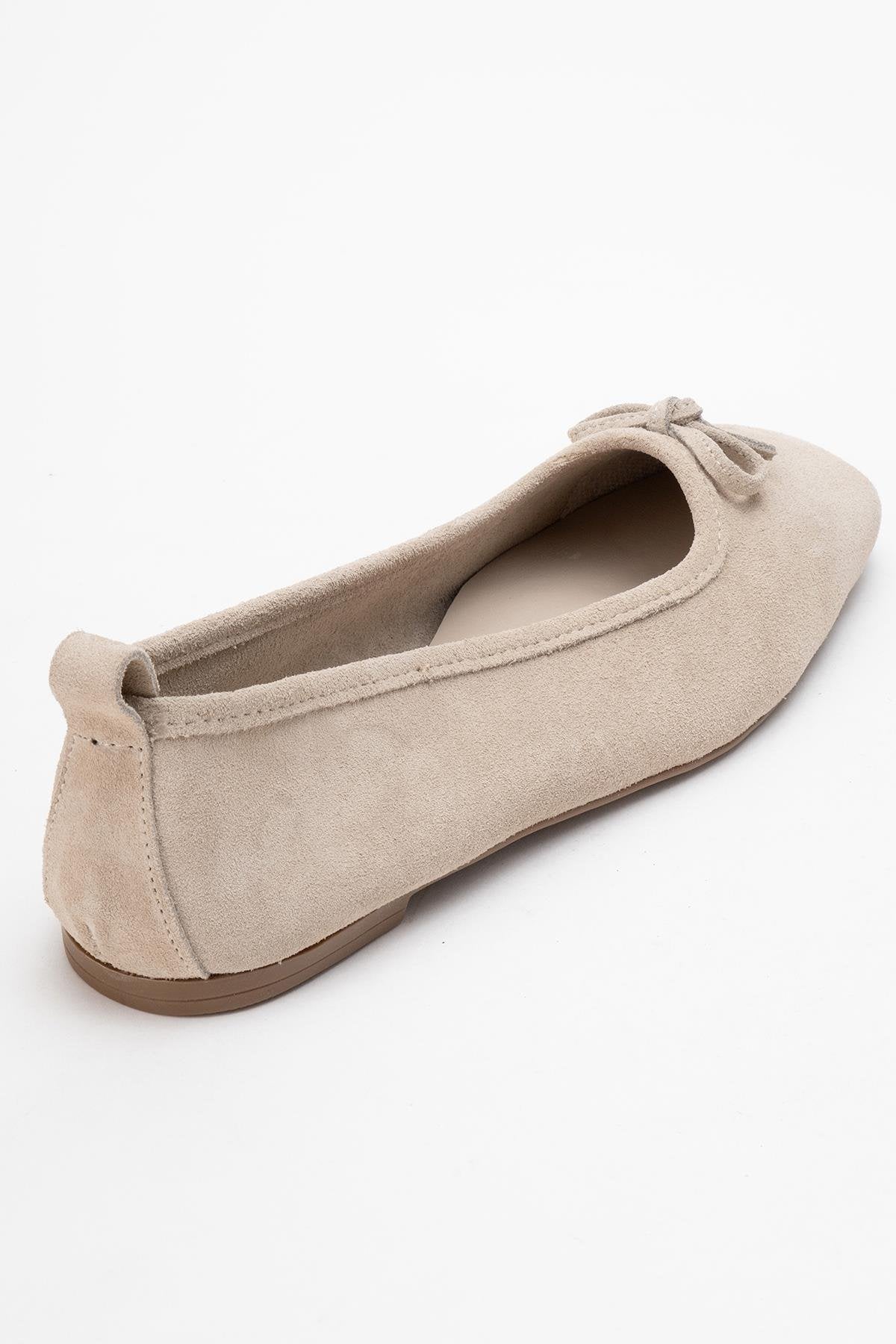 Sosa - Beige Suede Genuine Leather Square Toe Bow Ballet Flat – back view showing bow, leather, suede, Vowalisse