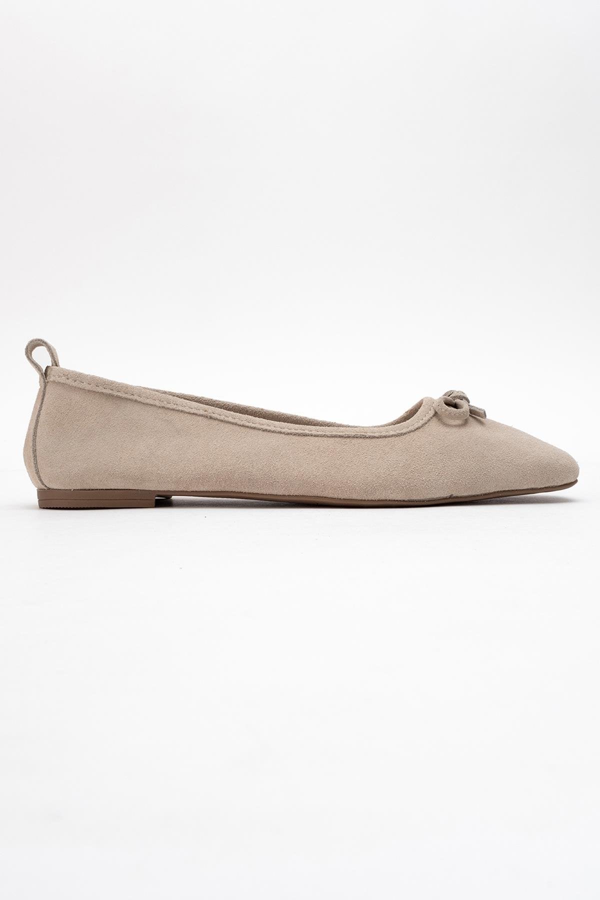 Sosa - Beige Suede Genuine Leather Square Toe Bow Ballet Flat – top view showing bow, leather, suede, Vowalisse