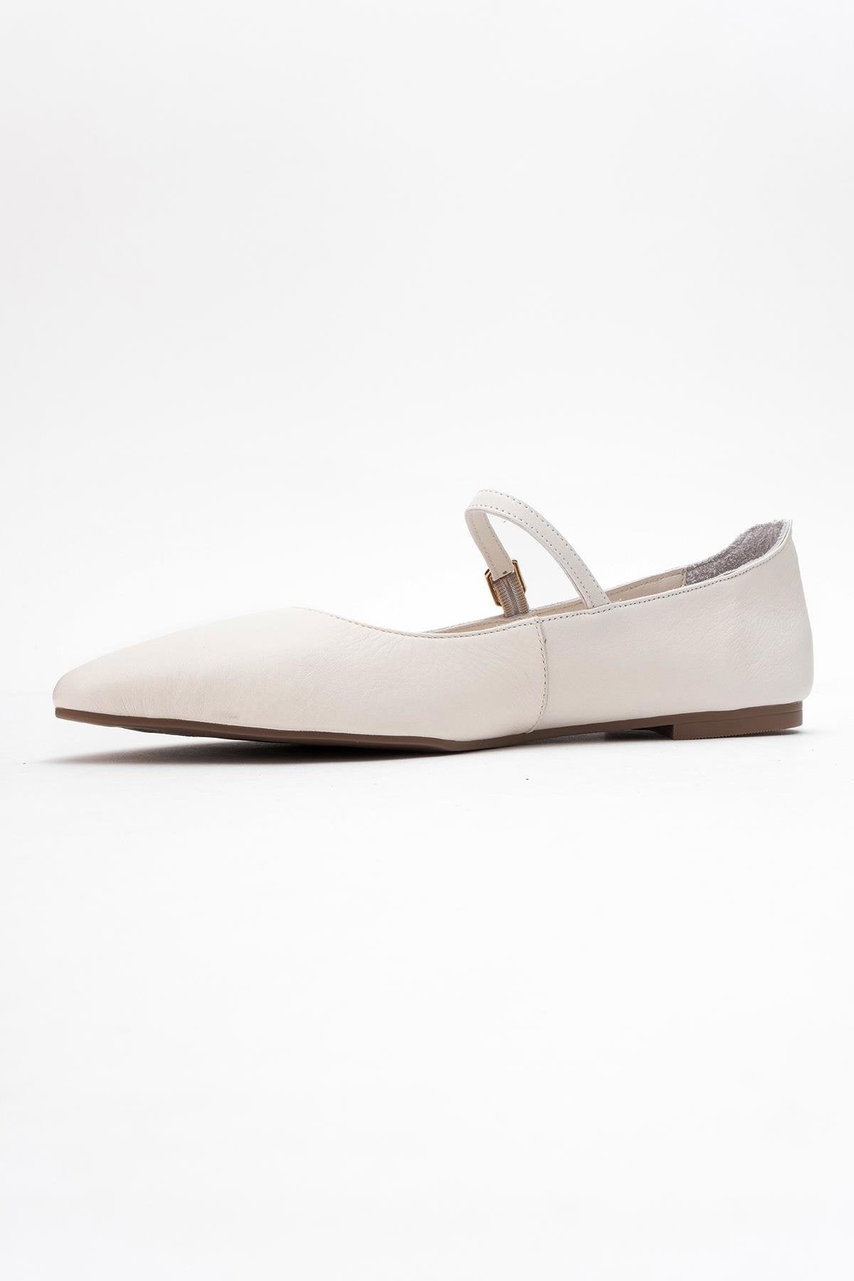 Lunaire - Off-White Genuine Leather Single Strap Pointed Toe Ballet Fl – heel view showing leather, white, Vowalisse