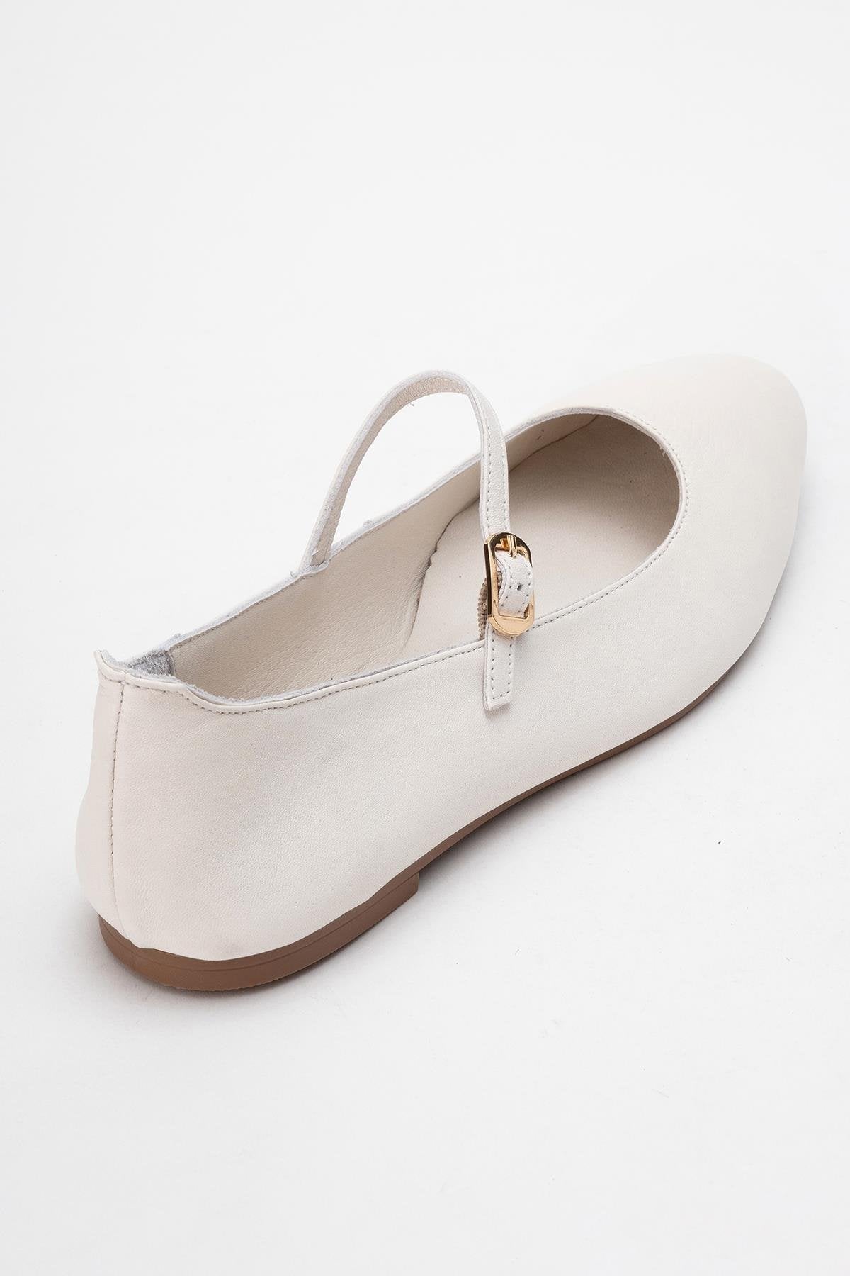 Lunaire - Off-White Genuine Leather Single Strap Pointed Toe Ballet Fl – back view showing leather, white, Vowalisse
