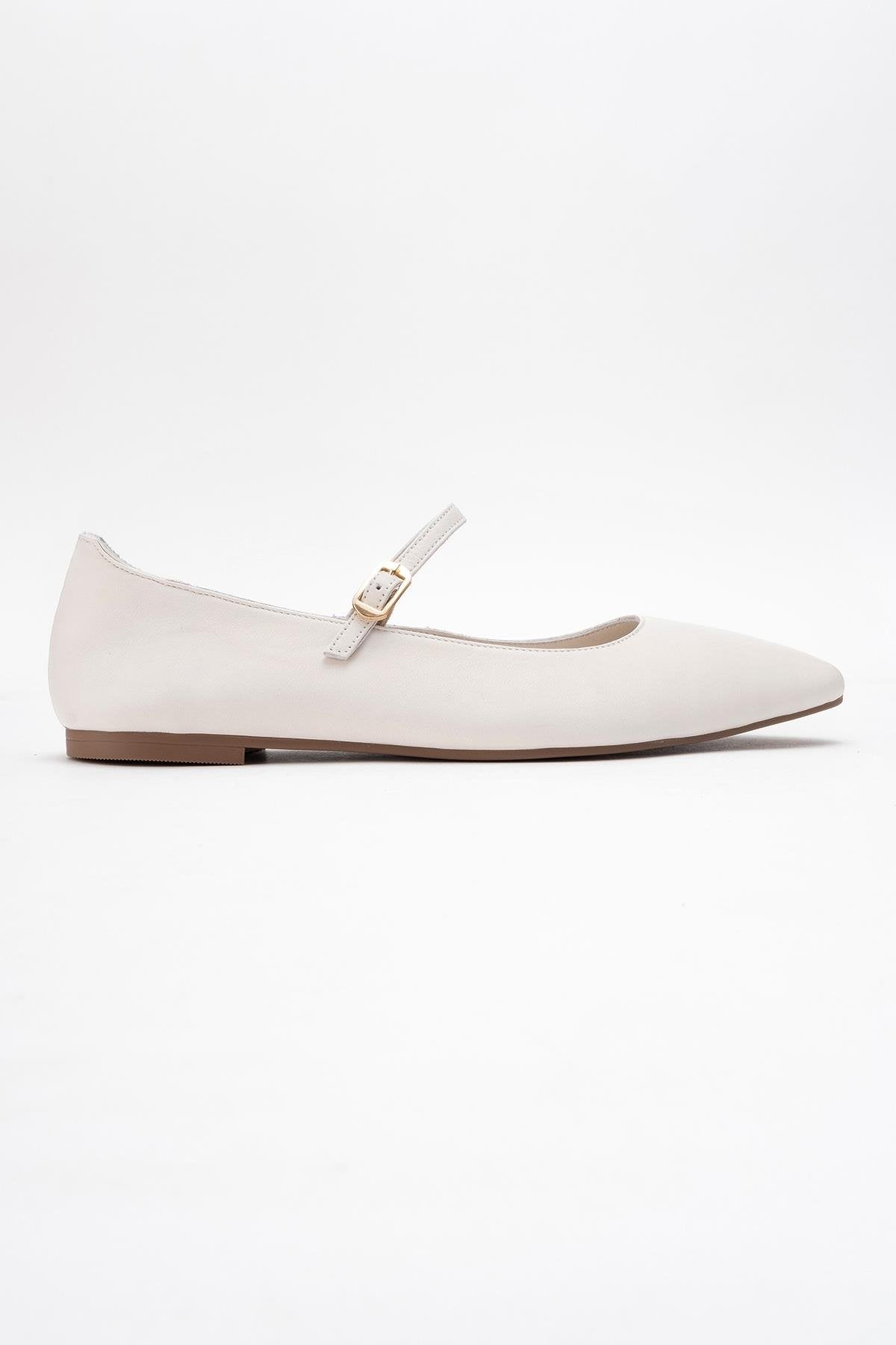 Lunaire - Off-White Genuine Leather Single Strap Pointed Toe Ballet Fl – top view showing leather, white, Vowalisse