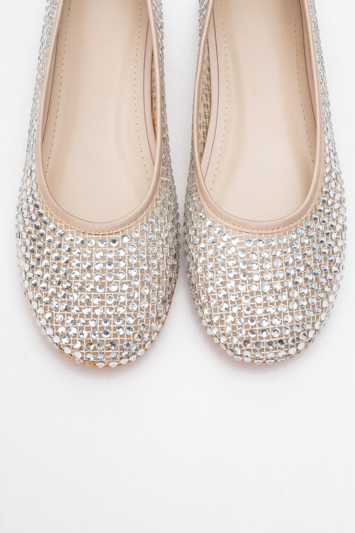 Runway Beige Mesh Embellished Ballet Flat – side view showing leather, mesh, Vowalisse