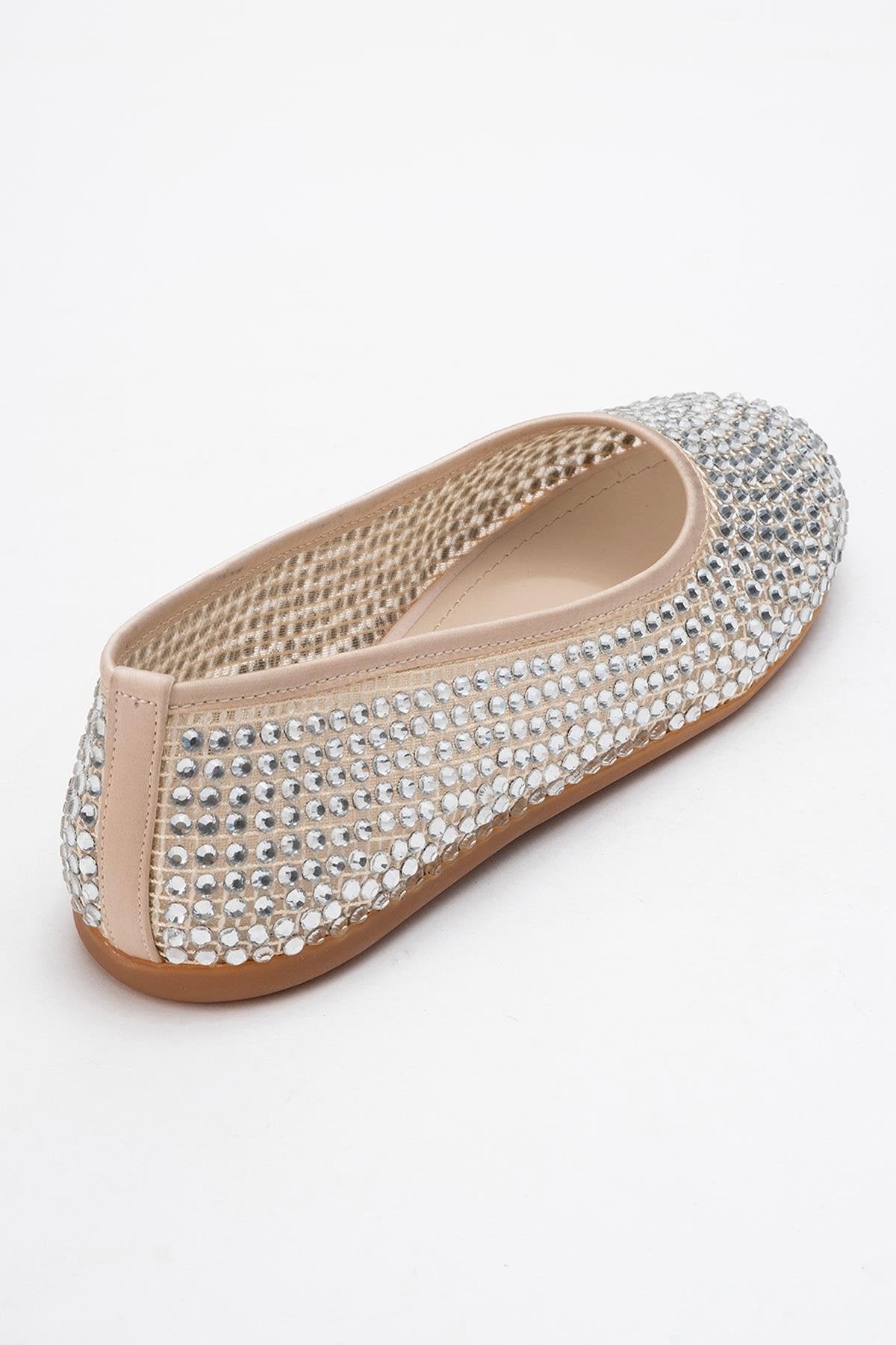 Runway Beige Mesh Embellished Ballet Flat – back view showing leather, mesh, Vowalisse
