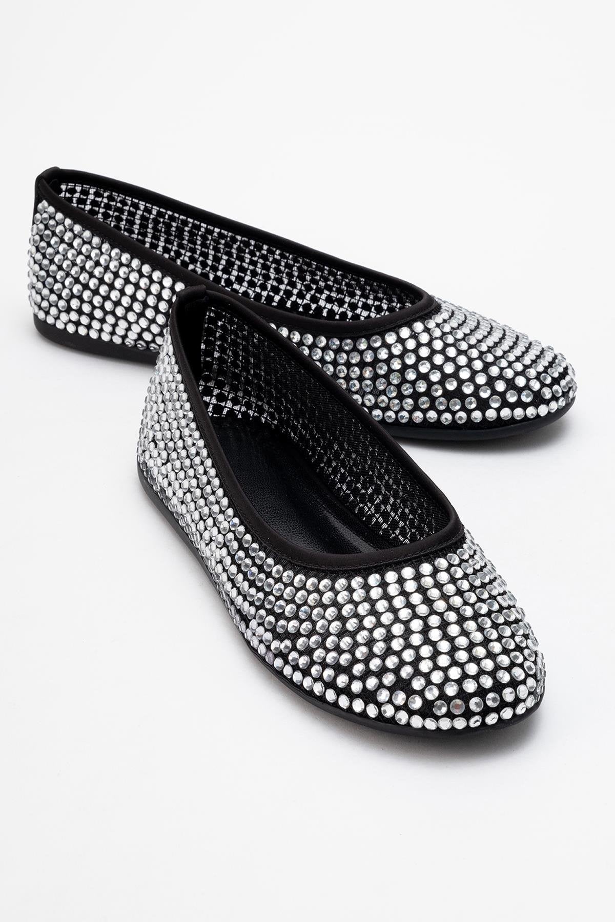Runway Black Mesh Embellished Ballet Flat – front three-quarter view showing leather, mesh, black, Vowalisse