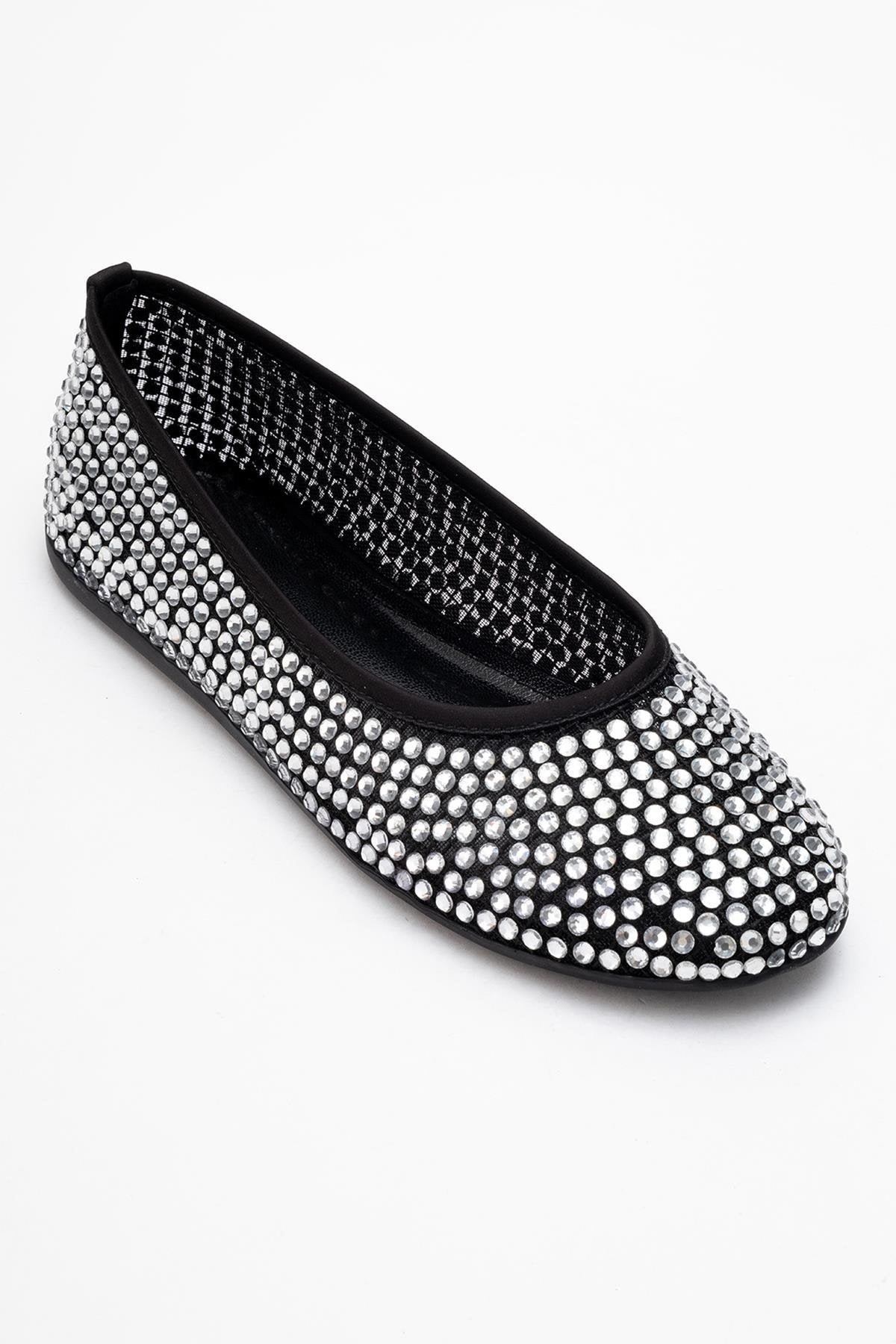Runway Black Mesh Embellished Ballet Flat – detail view showing leather, mesh, black, Vowalisse