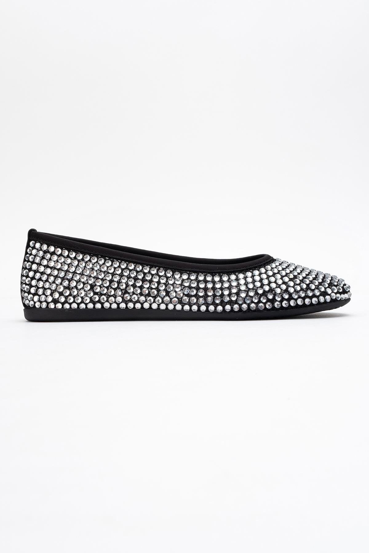 Runway Black Mesh Embellished Ballet Flat – top view showing leather, mesh, black, Vowalisse