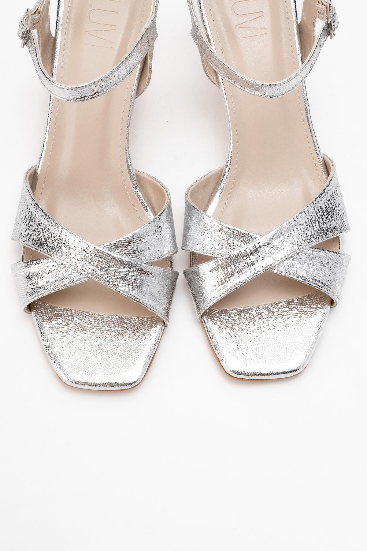Melin - Silver Patterned Cross-Strap Heeled Shoe – side view showing leather, silver, Vowalisse