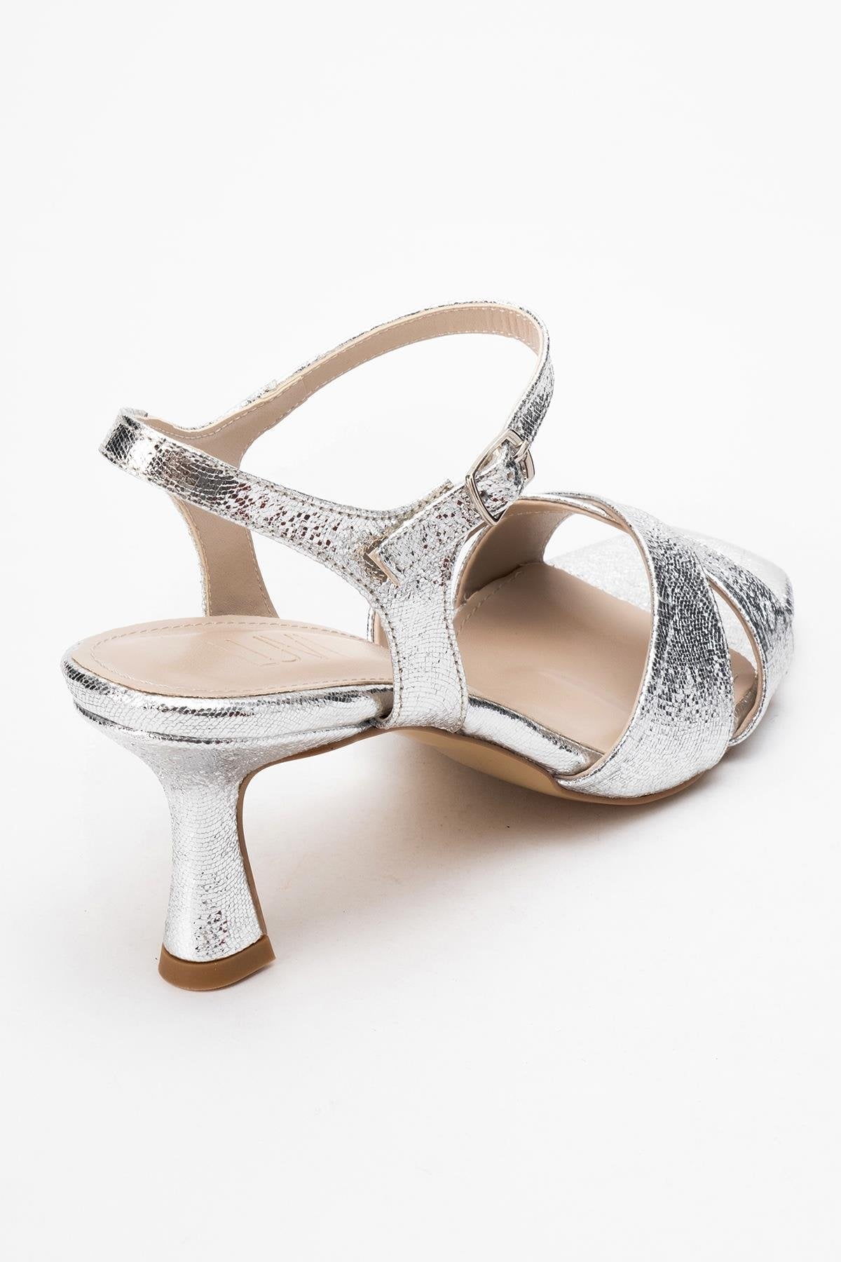 Melin - Silver Patterned Cross-Strap Heeled Shoe – back view showing leather, silver, Vowalisse