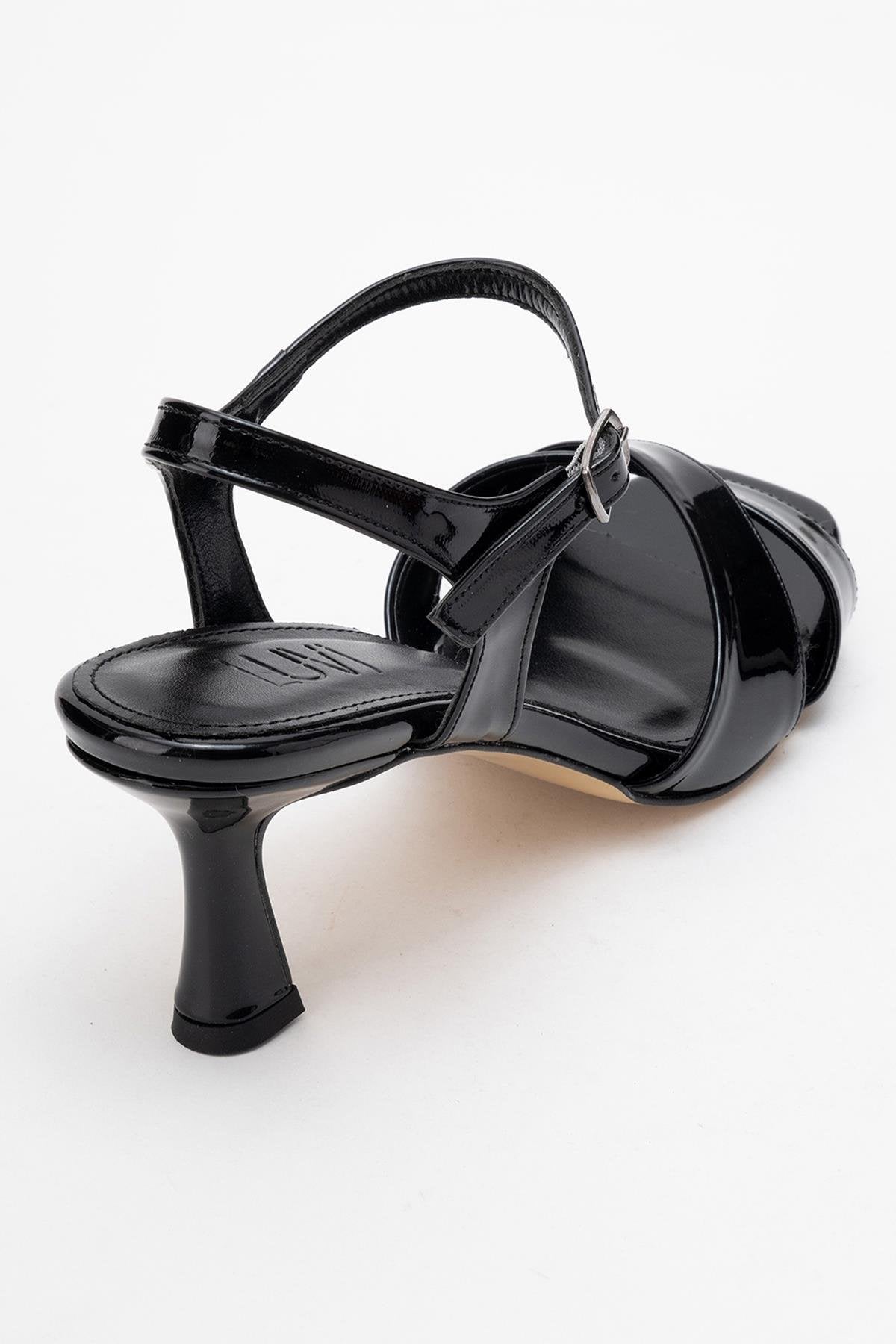 Melin - Black Patent Cross-Strap Heeled Shoe – back view showing leather, black, Vowalisse