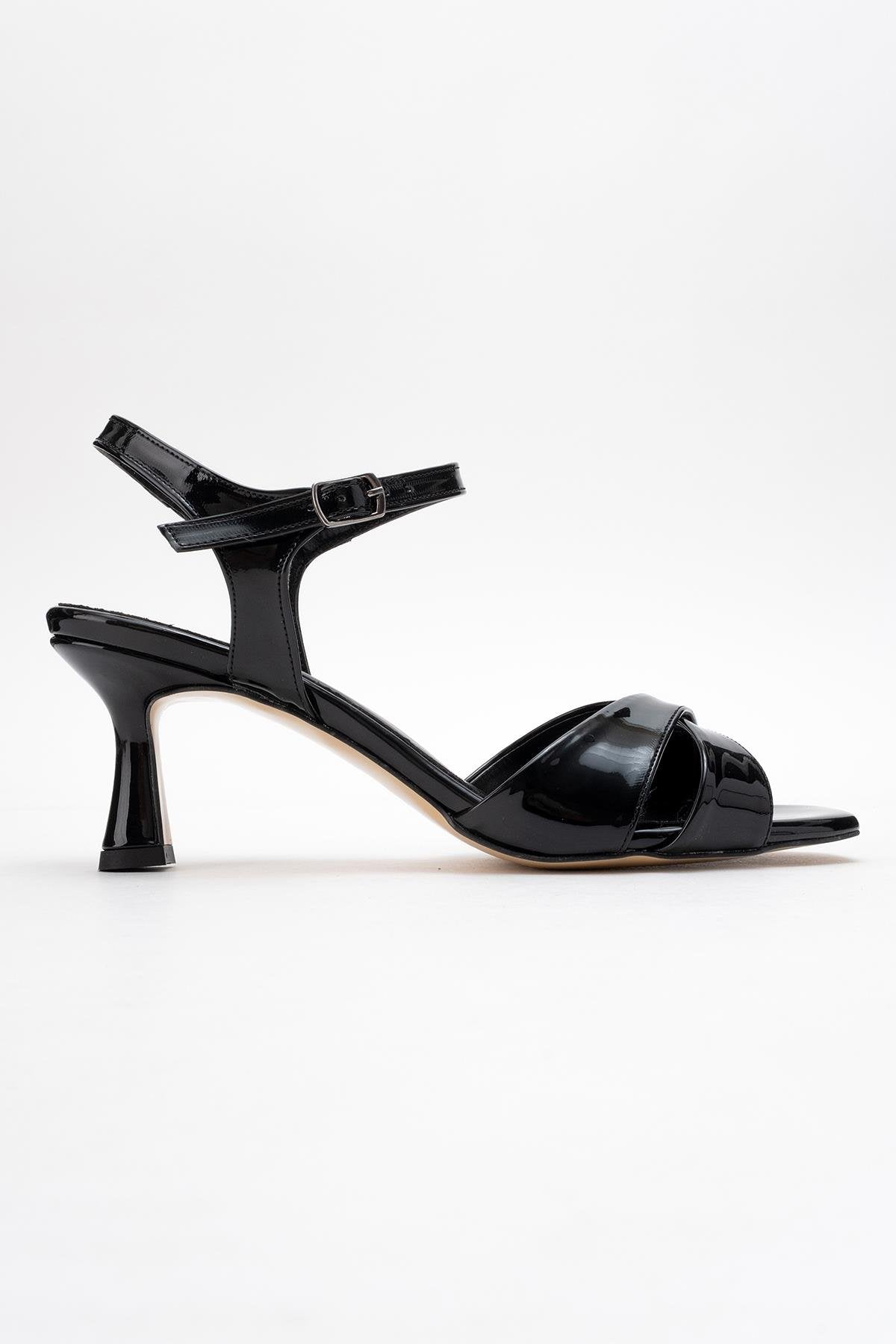 Melin - Black Patent Cross-Strap Heeled Shoe – top view showing leather, black, Vowalisse