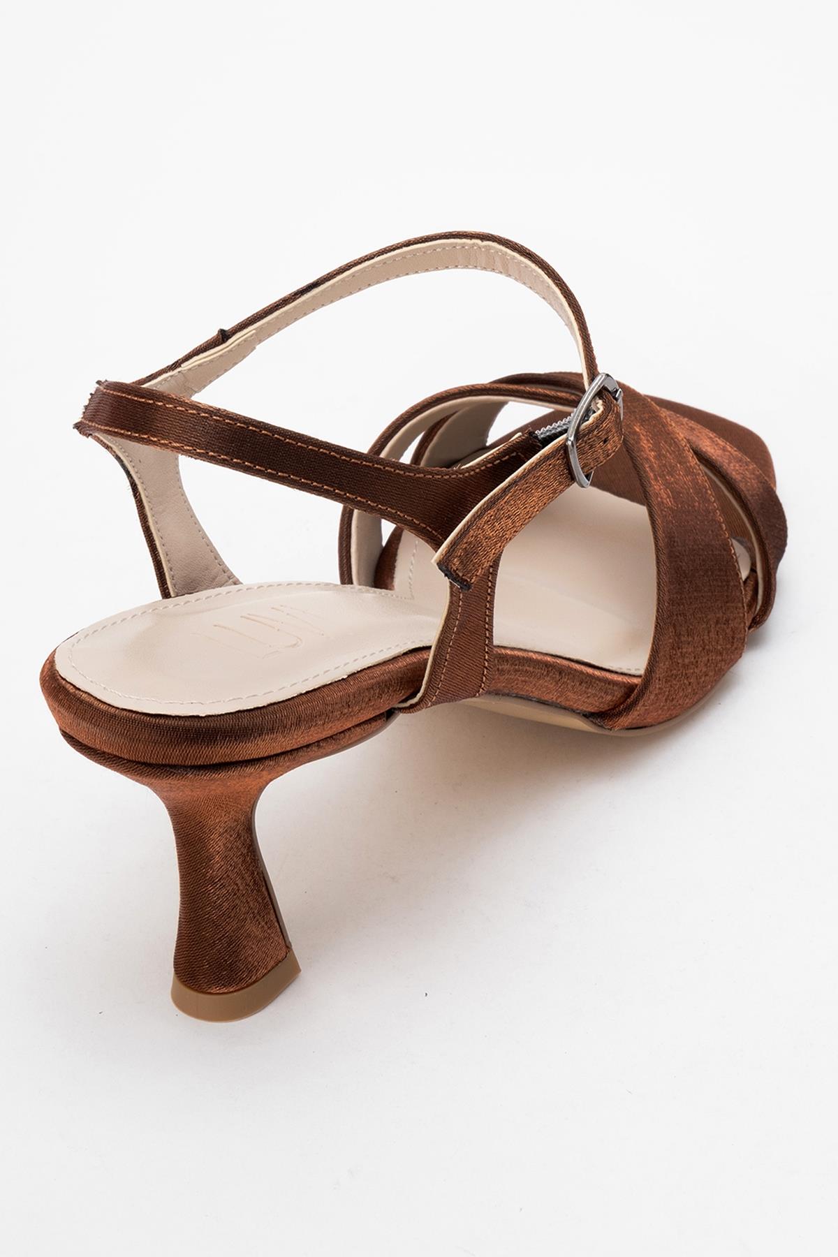 Melin - Copper Satin Cross-Strap Heeled Shoe – back view showing satin, leather, Vowalisse