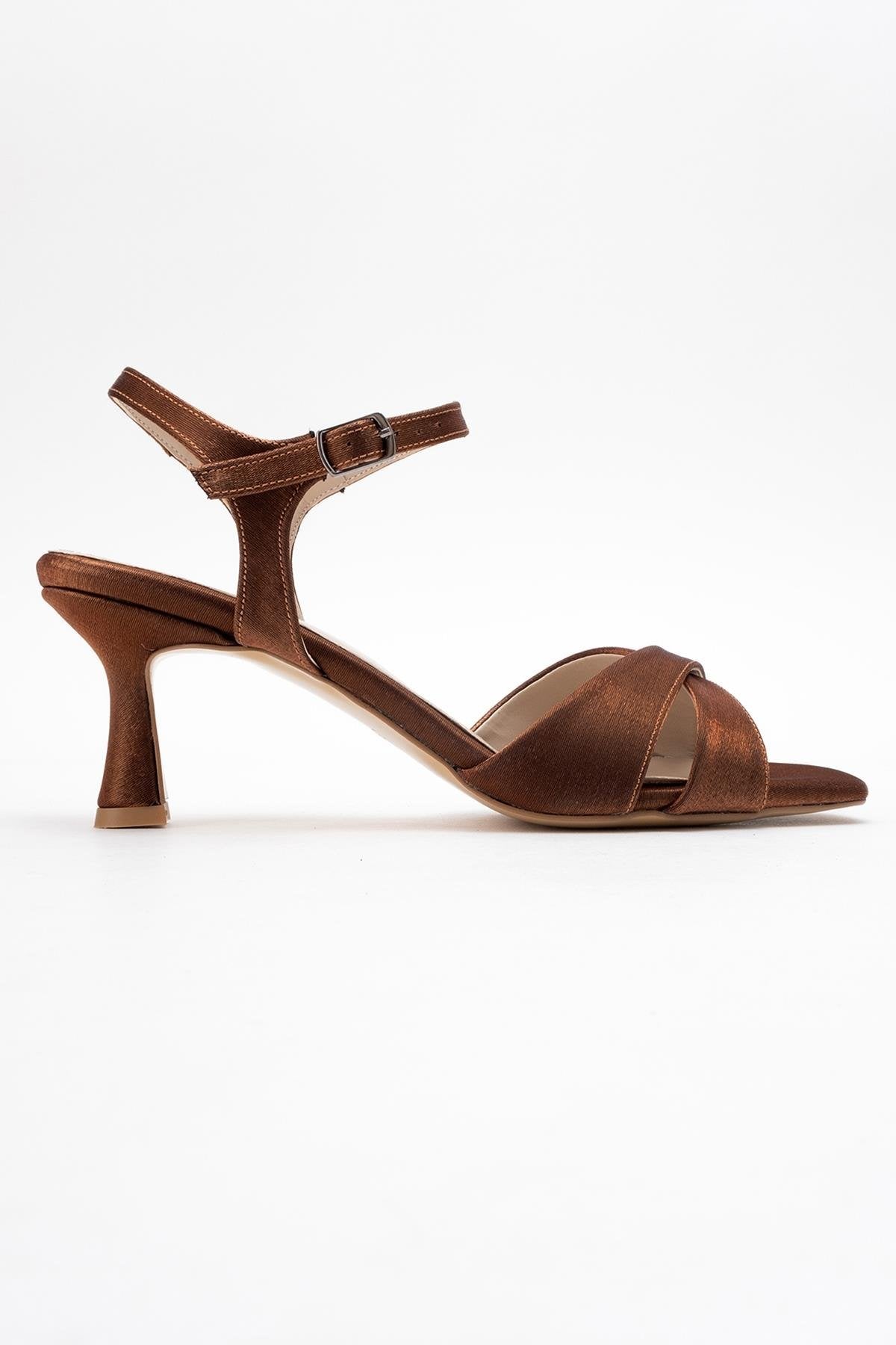 Melin - Copper Satin Cross-Strap Heeled Shoe – top view showing satin, leather, Vowalisse