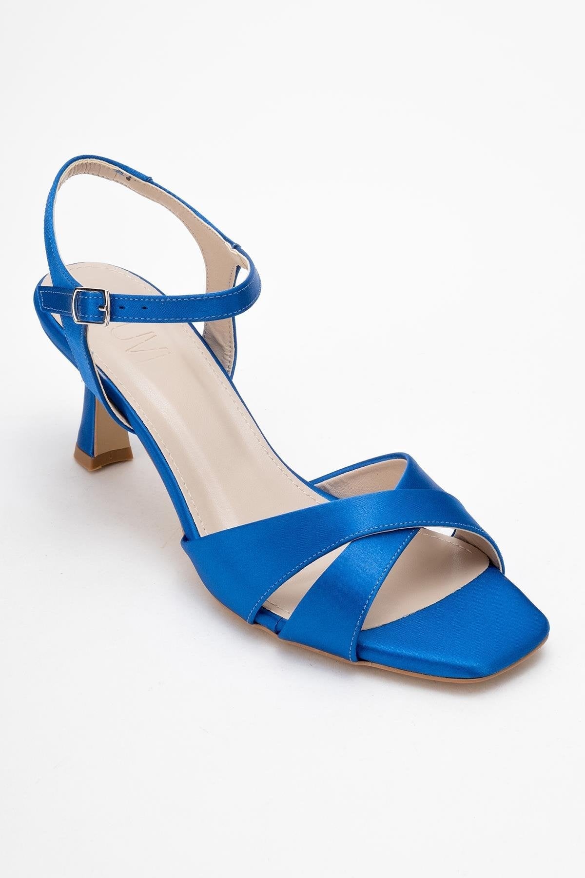 Melin - Sapphire Satin Cross-Strap Stiletto Pump – detail view showing satin, leather, Vowalisse