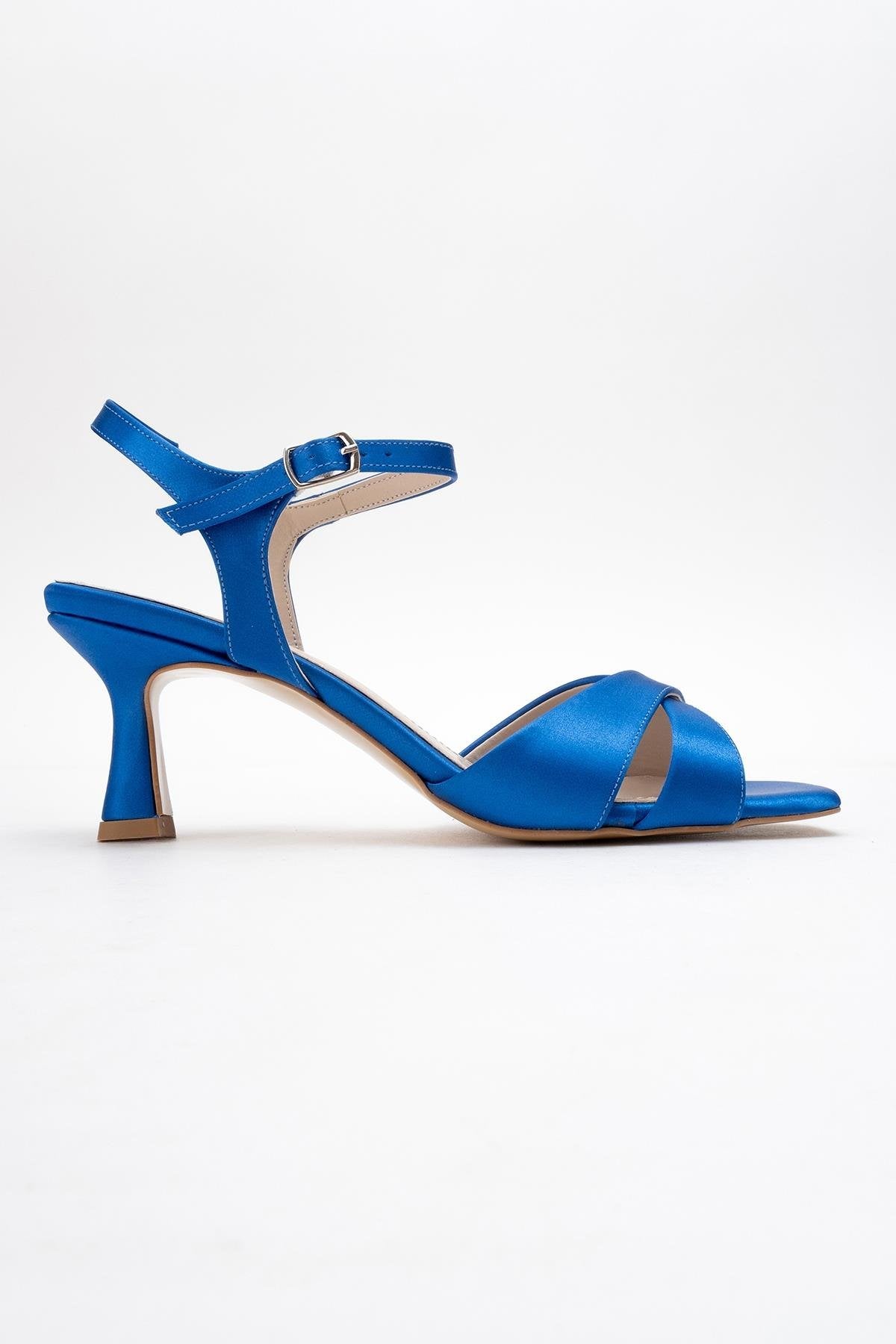 Melin - Sapphire Satin Cross-Strap Stiletto Pump – top view showing satin, leather, Vowalisse