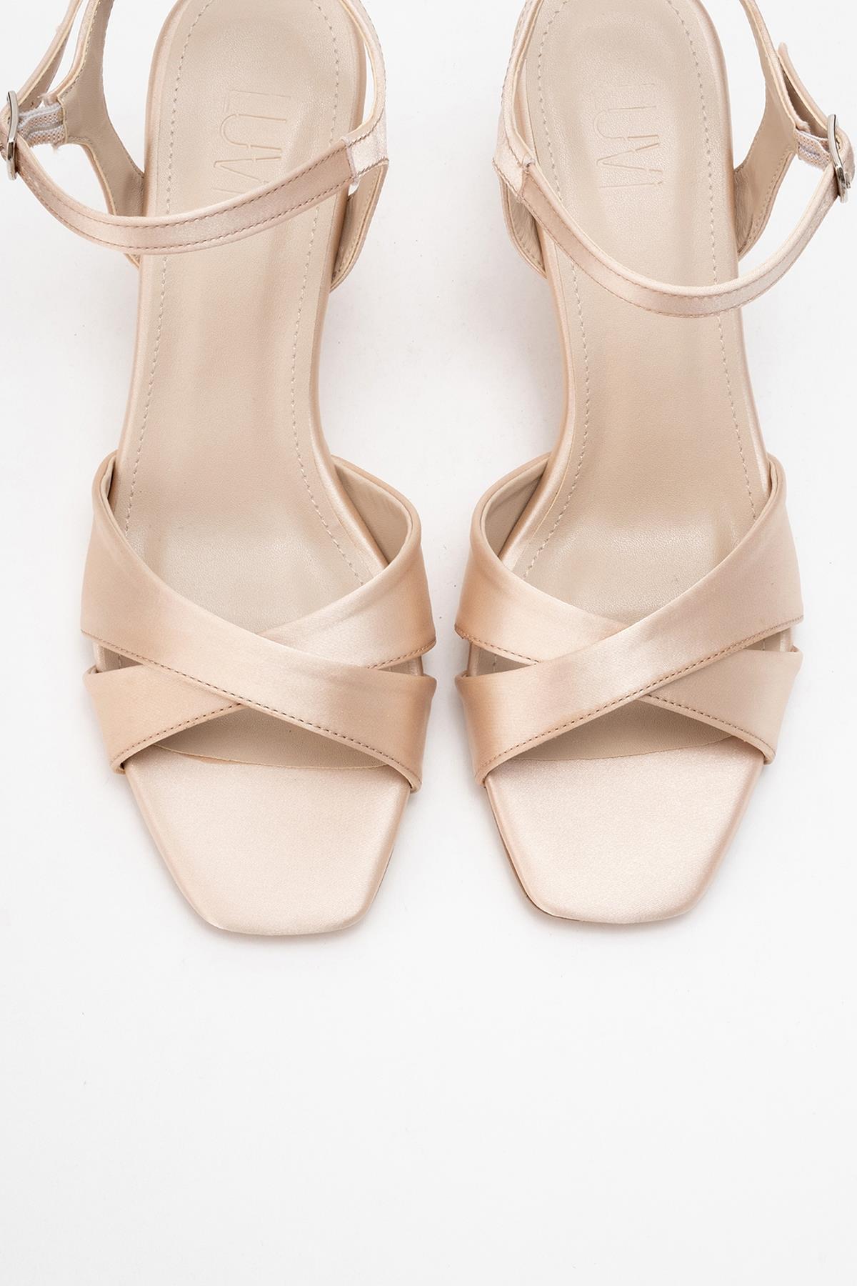 Melin - Beige Satin Cross-Strap Stiletto Pump – side view showing satin, leather, Vowalisse