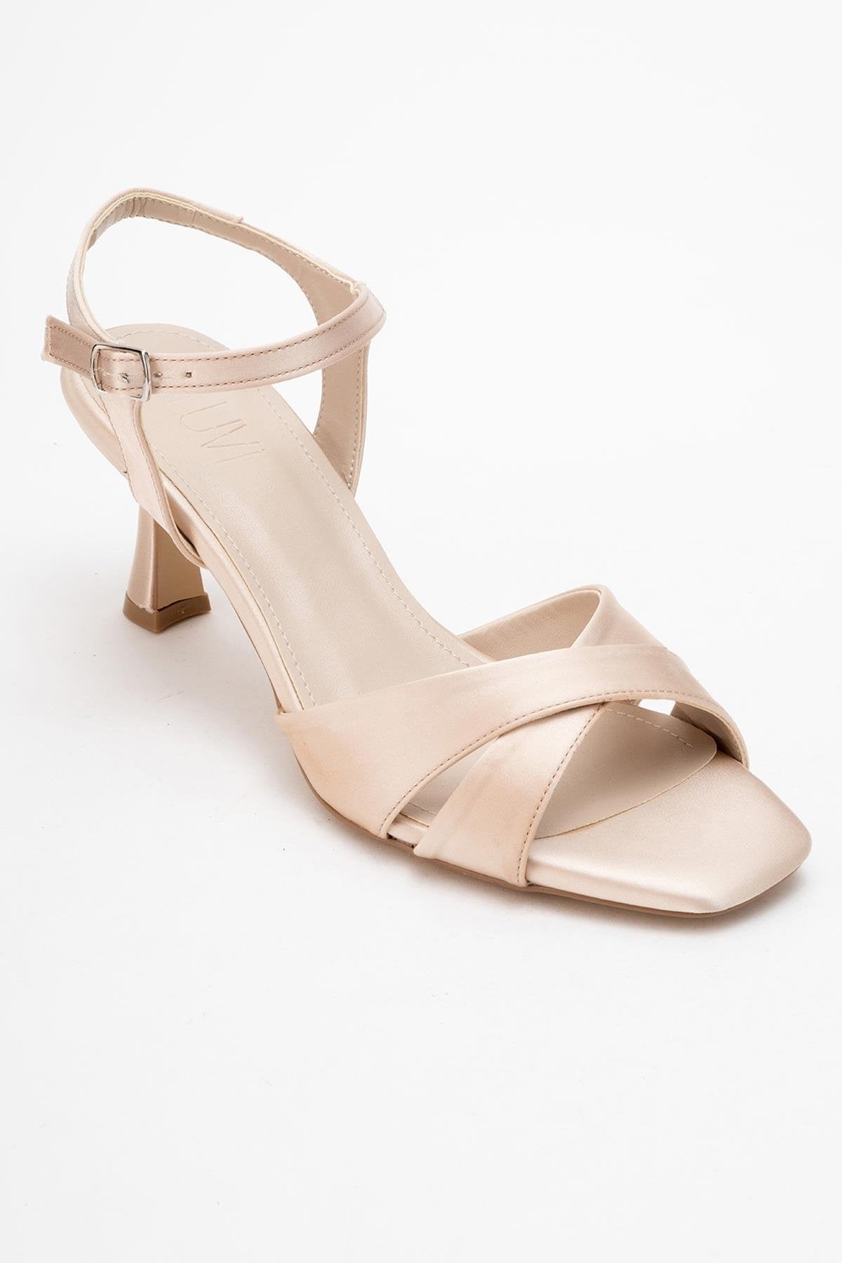 Melin - Beige Satin Cross-Strap Stiletto Pump – detail view showing satin, leather, Vowalisse