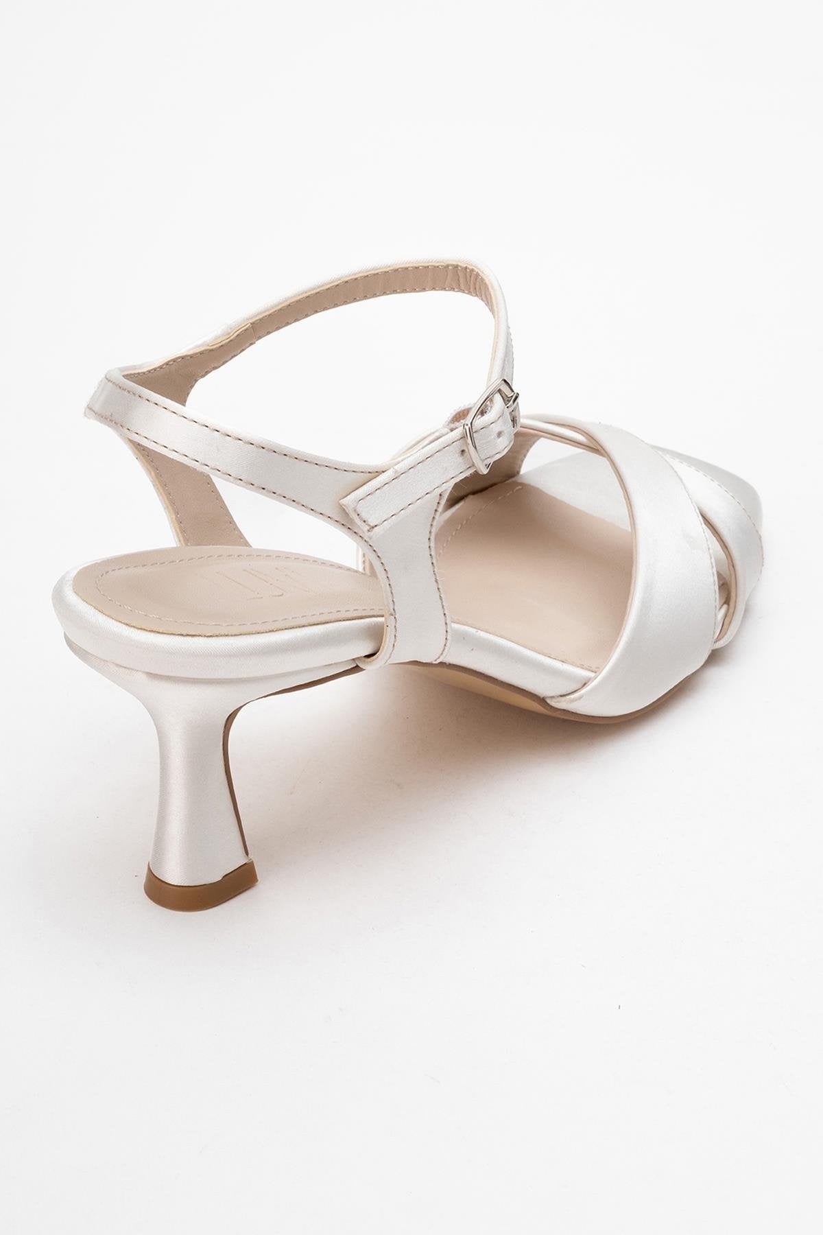 Melin - Pearl Satin Cross-Strap Stiletto Pump – back view showing pearl, satin, leather, Vowalisse