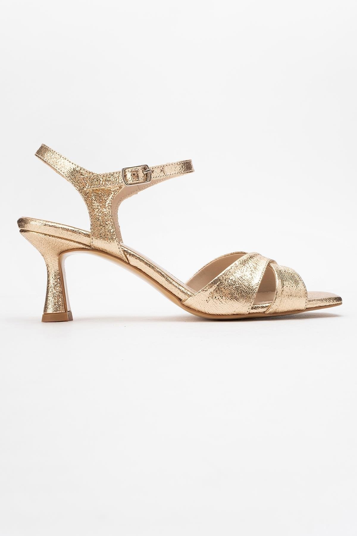 Melin - Gold Patterned Cross-Strap Stiletto Pump – top view showing leather, gold, Vowalisse