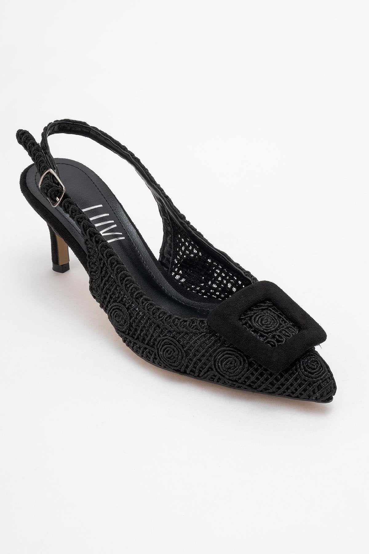 Ensley - Black Knitted Buckle-Detail Backless High Heel Shoe – detail view showing leather, black, red, Vowalisse