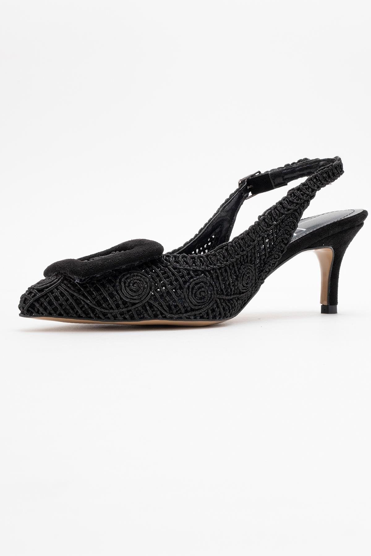 Ensley - Black Knitted Buckle-Detail Backless High Heel Shoe – heel view showing leather, black, red, Vowalisse