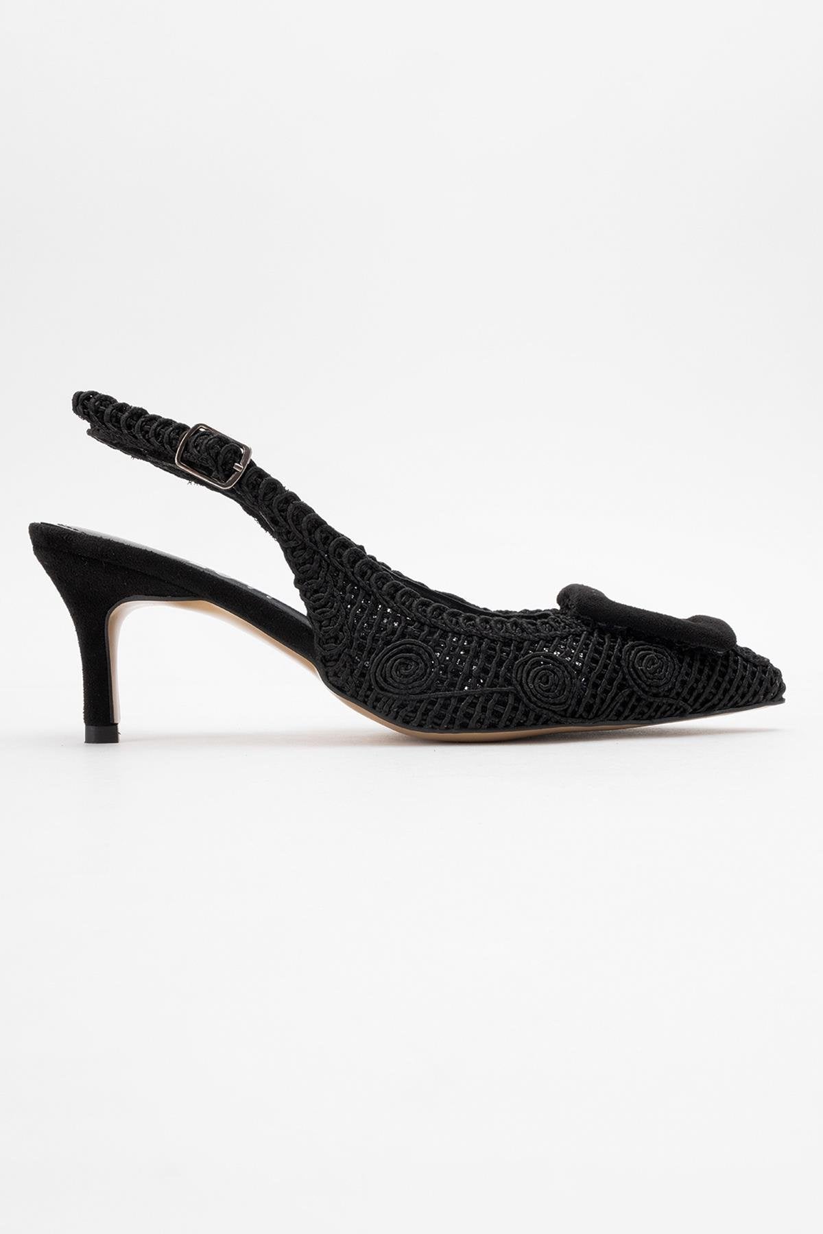 Ensley - Black Knitted Buckle-Detail Backless High Heel Shoe – top view showing leather, black, red, Vowalisse
