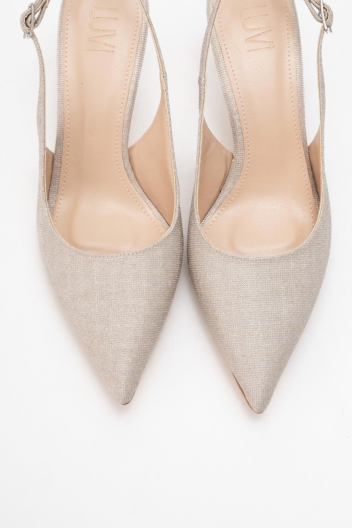 Caisa - Gold Glitter High Heel Shoe – side view showing leather, glitter, gold, Vowalisse