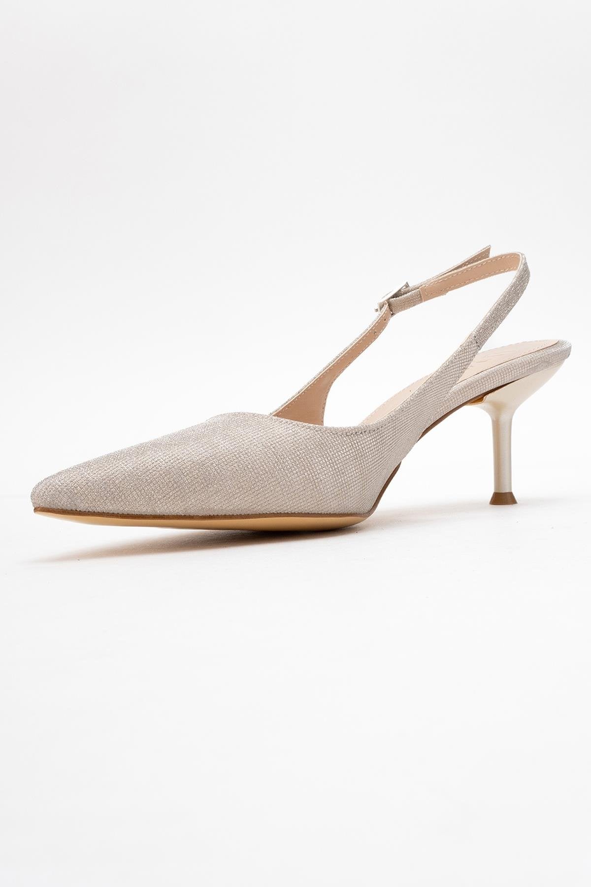 Caisa - Gold Glitter High Heel Shoe – heel view showing leather, glitter, gold, Vowalisse
