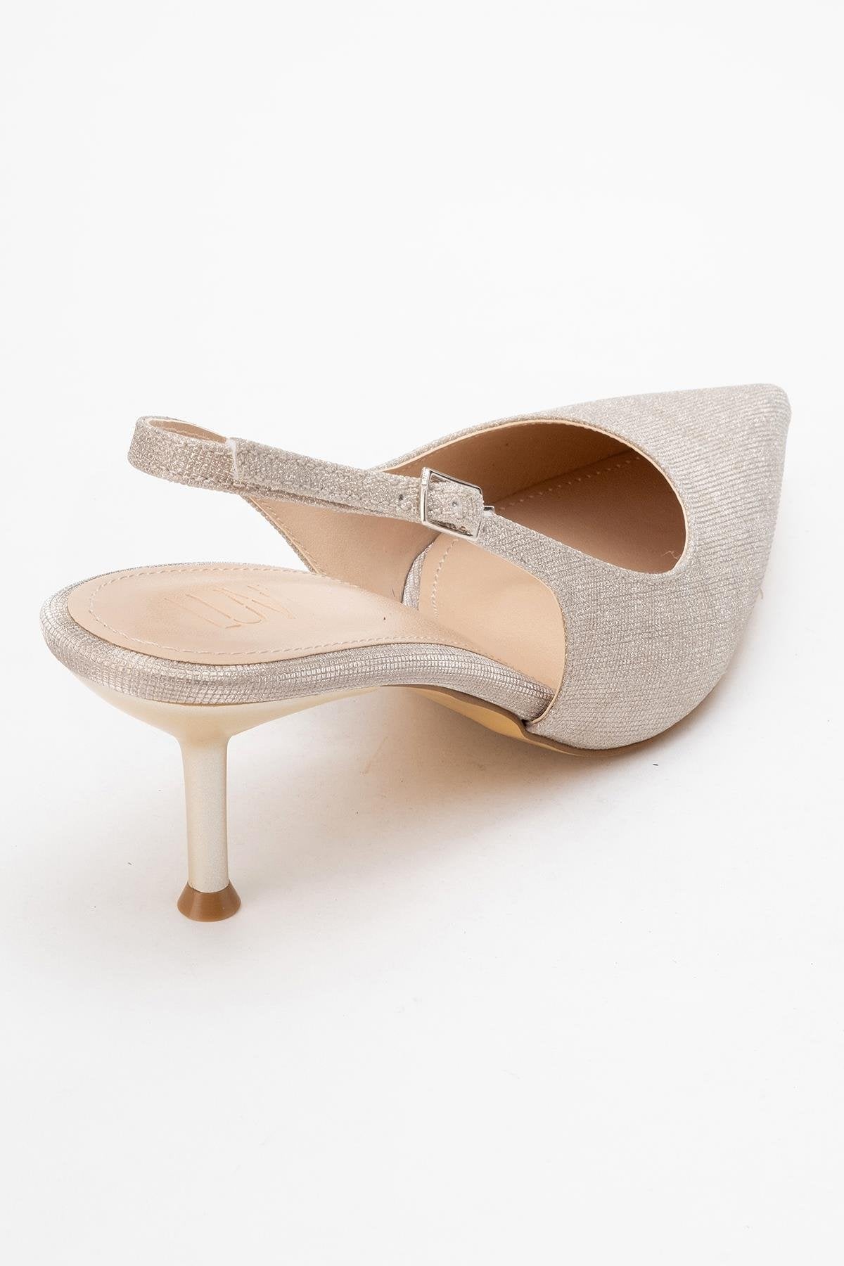 Caisa - Gold Glitter High Heel Shoe – back view showing leather, glitter, gold, Vowalisse