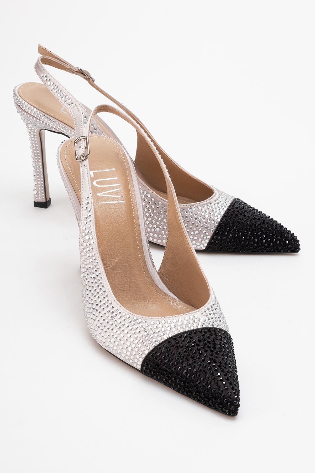 London - Beige Black Crystal-Embellished High Heel Shoe – front three-quarter view showing crystal, leather, black…