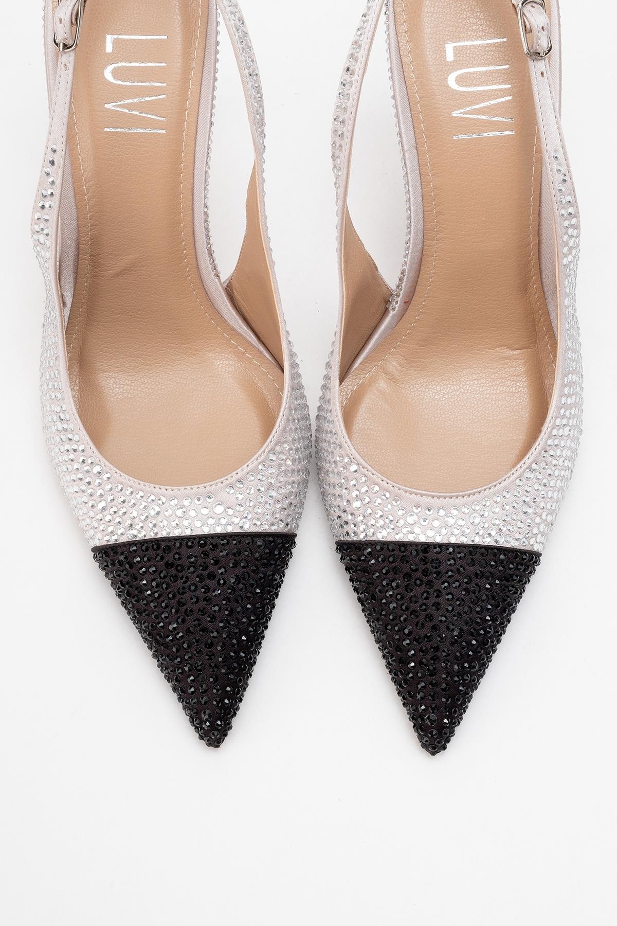 London - Beige Black Crystal-Embellished High Heel Shoe – side view showing crystal, leather, black, Vowalisse