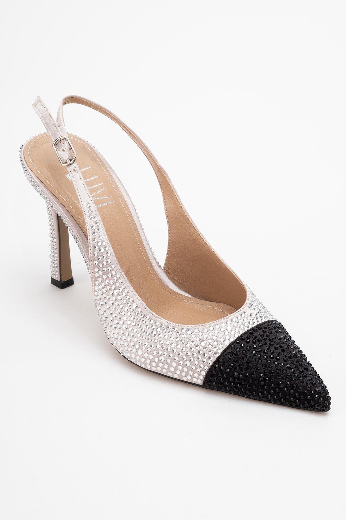 London - Beige Black Crystal-Embellished High Heel Shoe – detail view showing crystal, leather, black, Vowalisse