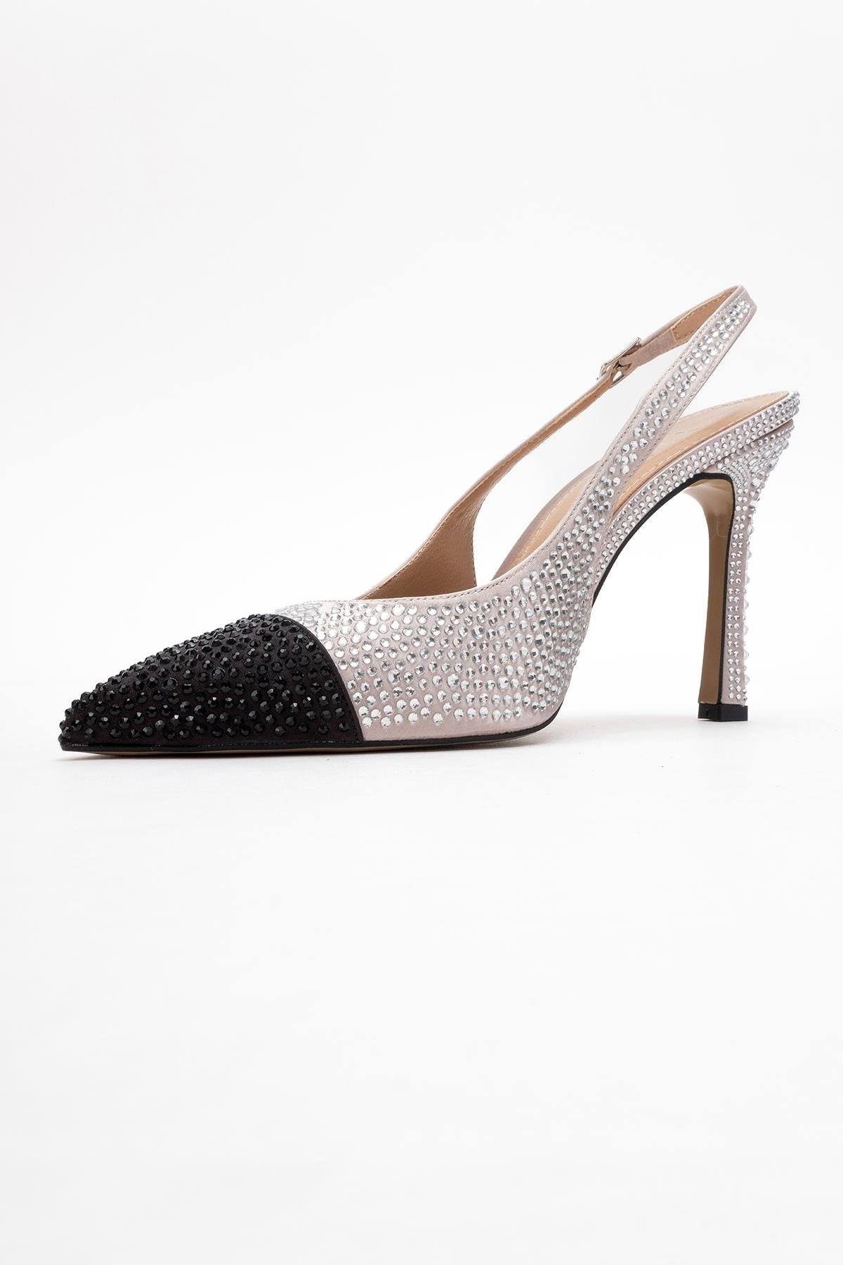 London - Beige Black Crystal-Embellished High Heel Shoe – heel view showing crystal, leather, black, Vowalisse
