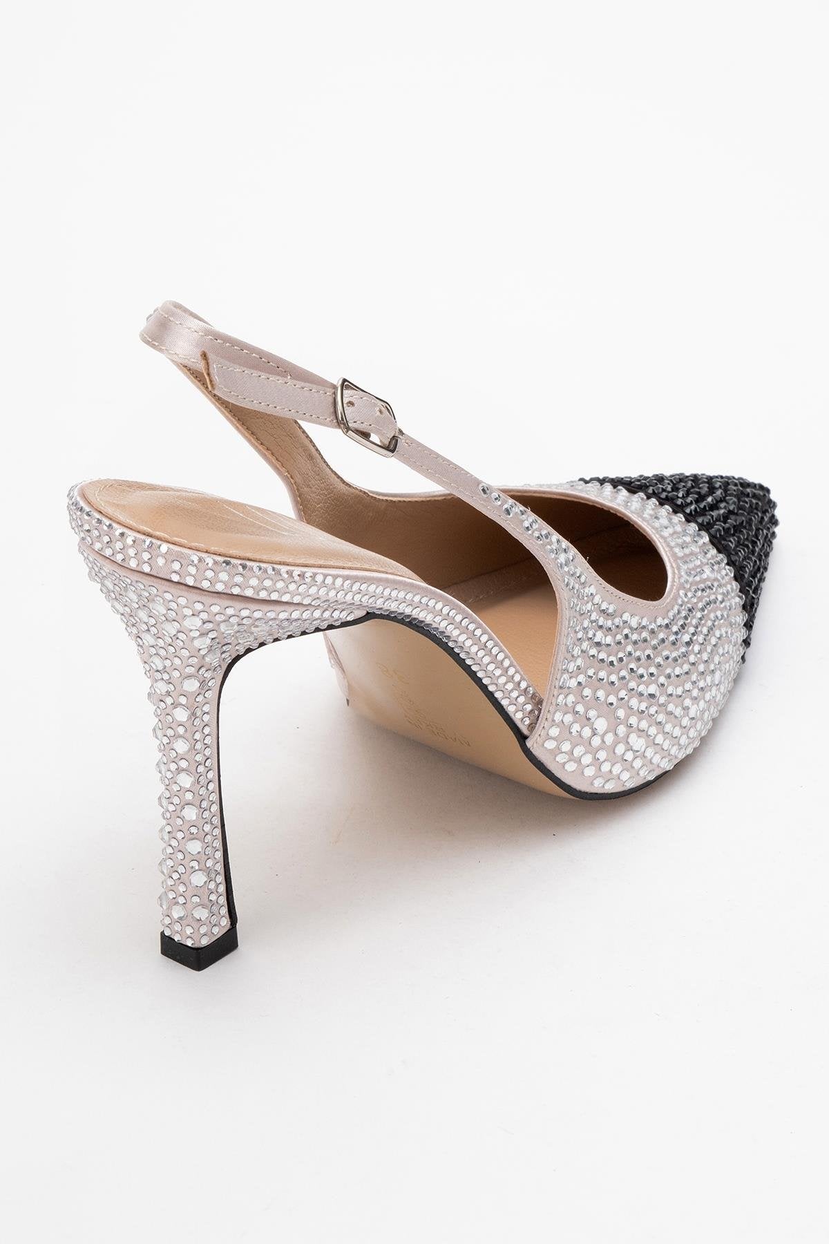 London - Beige Black Crystal-Embellished High Heel Shoe – back view showing crystal, leather, black, Vowalisse