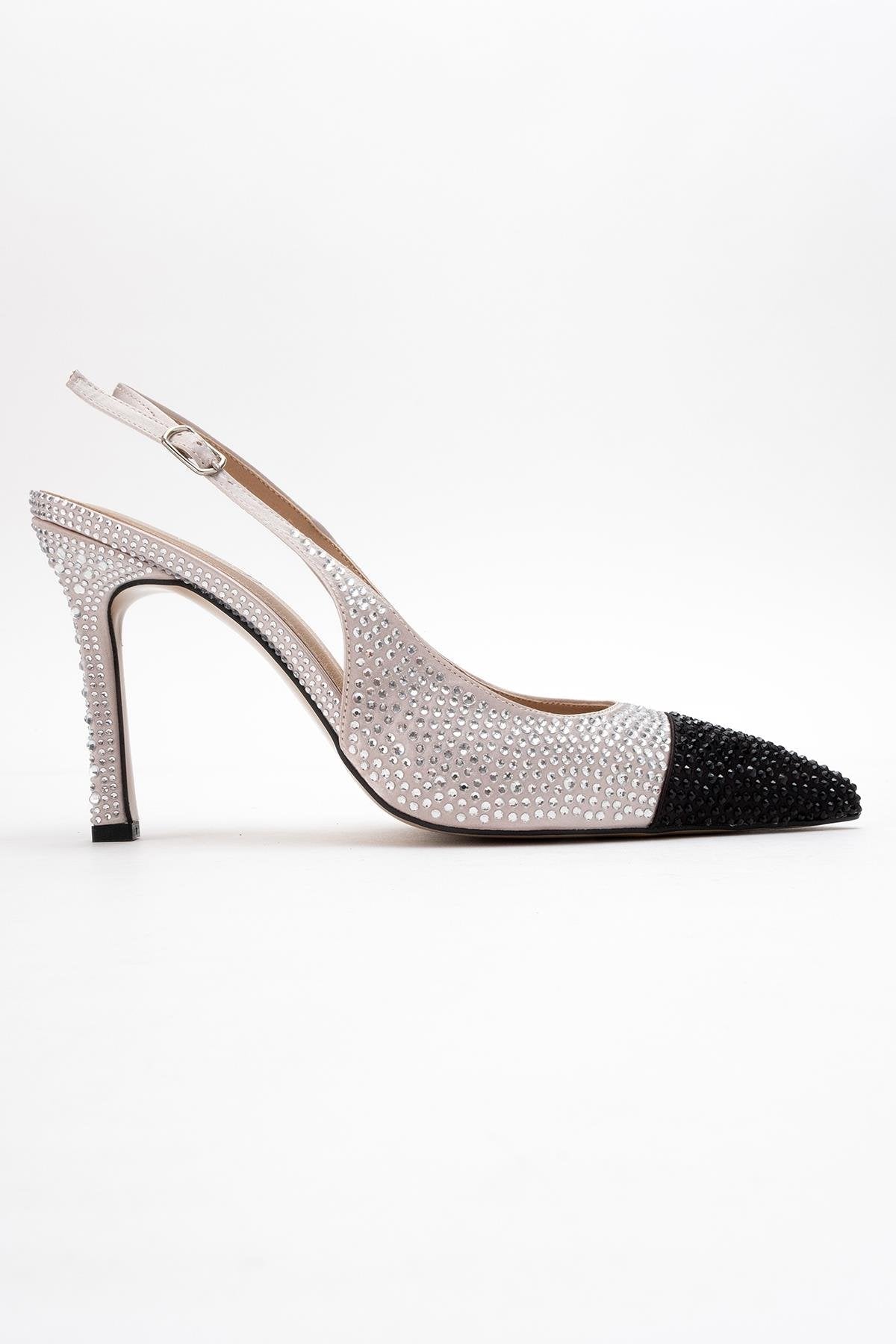 London - Beige Black Crystal-Embellished High Heel Shoe – top view showing crystal, leather, black, Vowalisse
