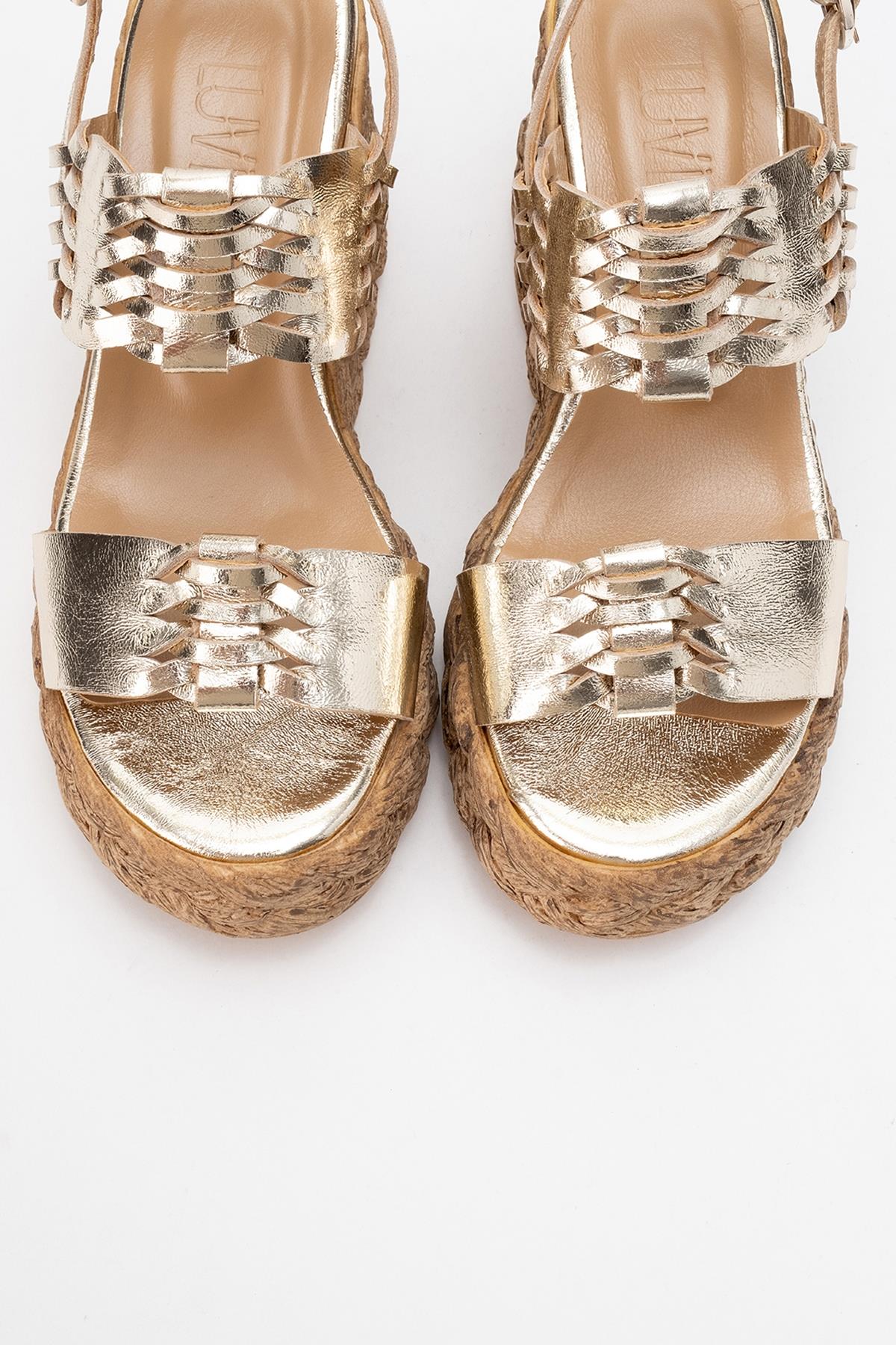 Olien - Gold Leather Platform Espadrilles – side view showing leather, gold, Vowalisse
