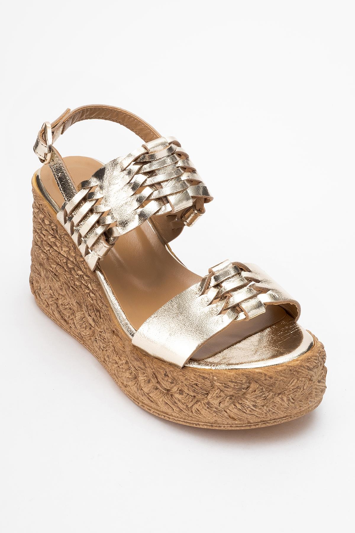 Olien - Gold Leather Platform Espadrilles – detail view showing leather, gold, Vowalisse