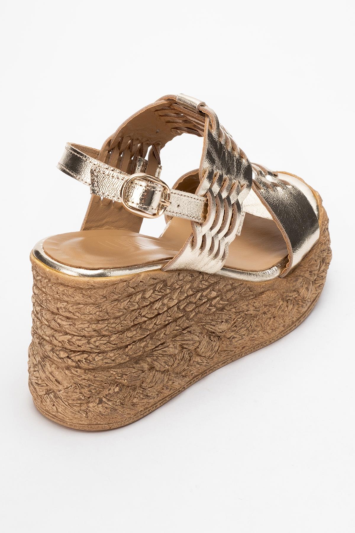 Olien - Gold Leather Platform Espadrilles – back view showing leather, gold, Vowalisse