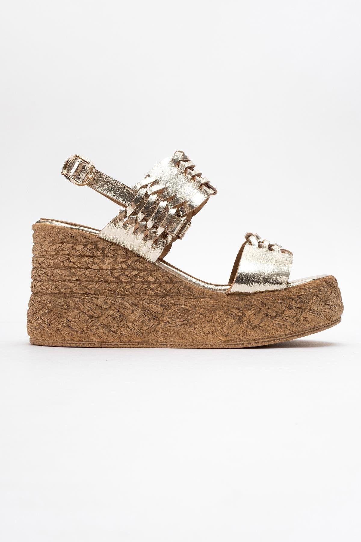 Olien - Gold Leather Platform Espadrilles – top view showing leather, gold, Vowalisse