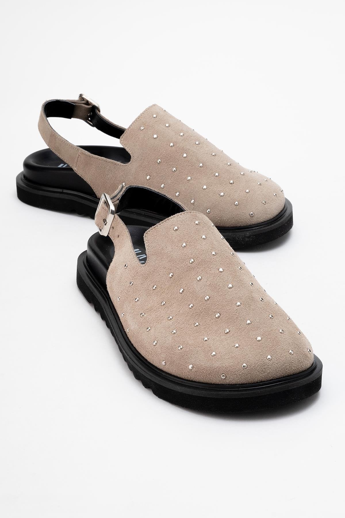 Our - Beige suede Leather Clogs – front three-quarter view showing leather, suede, red, Vowalisse