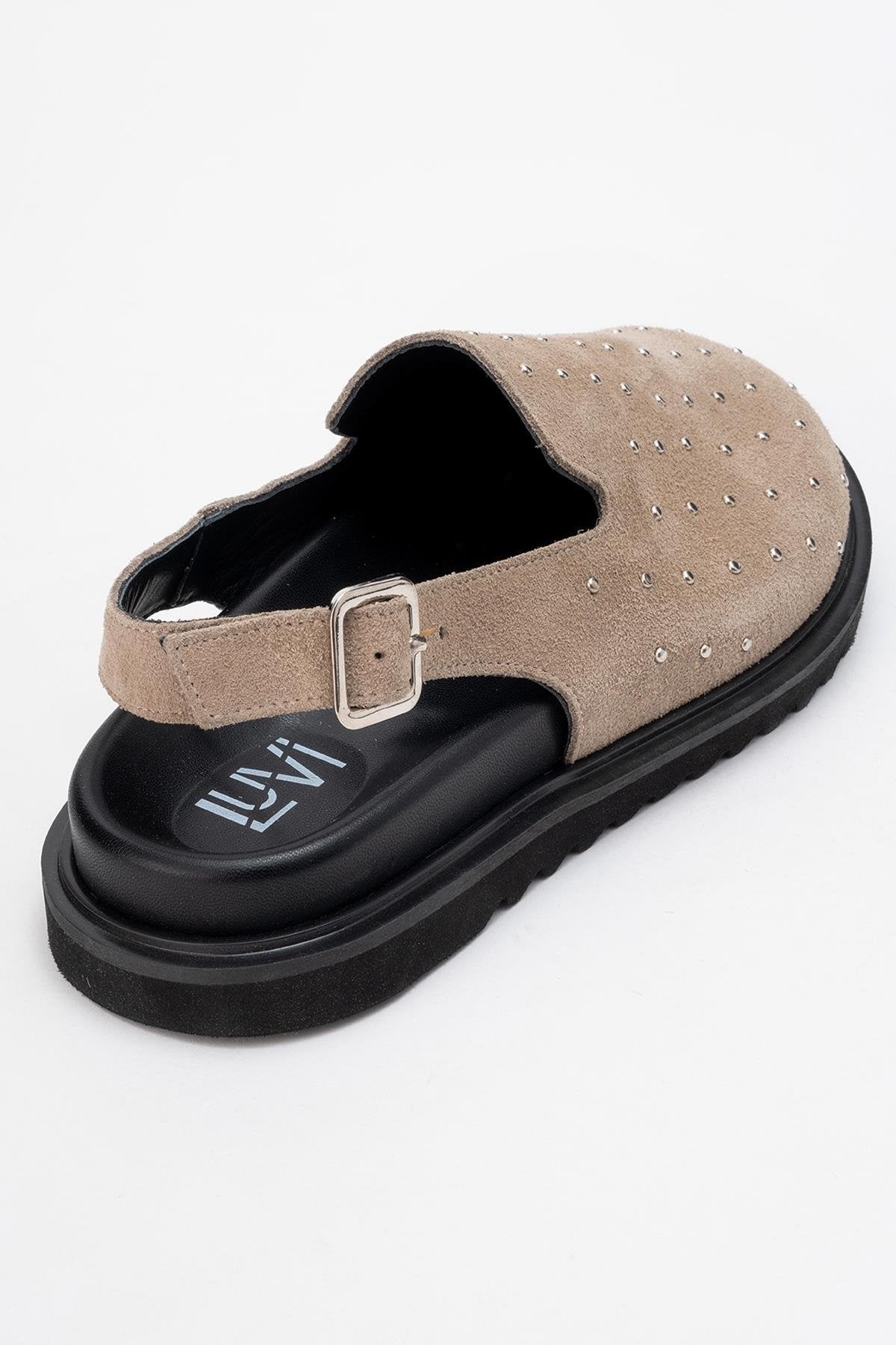 Our - Beige suede Leather Clogs – back view showing leather, suede, red, Vowalisse