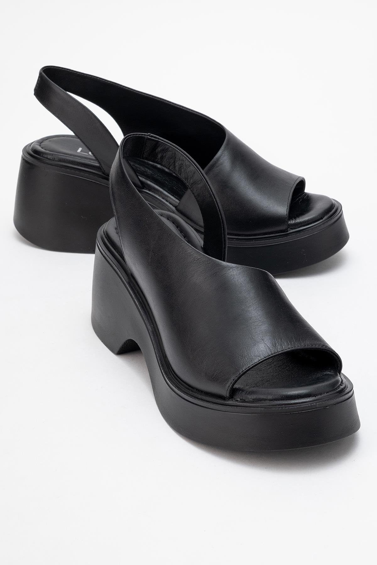 ROY - Black Leather Wedge Sandal – front three-quarter view showing leather, black, red, Vowalisse