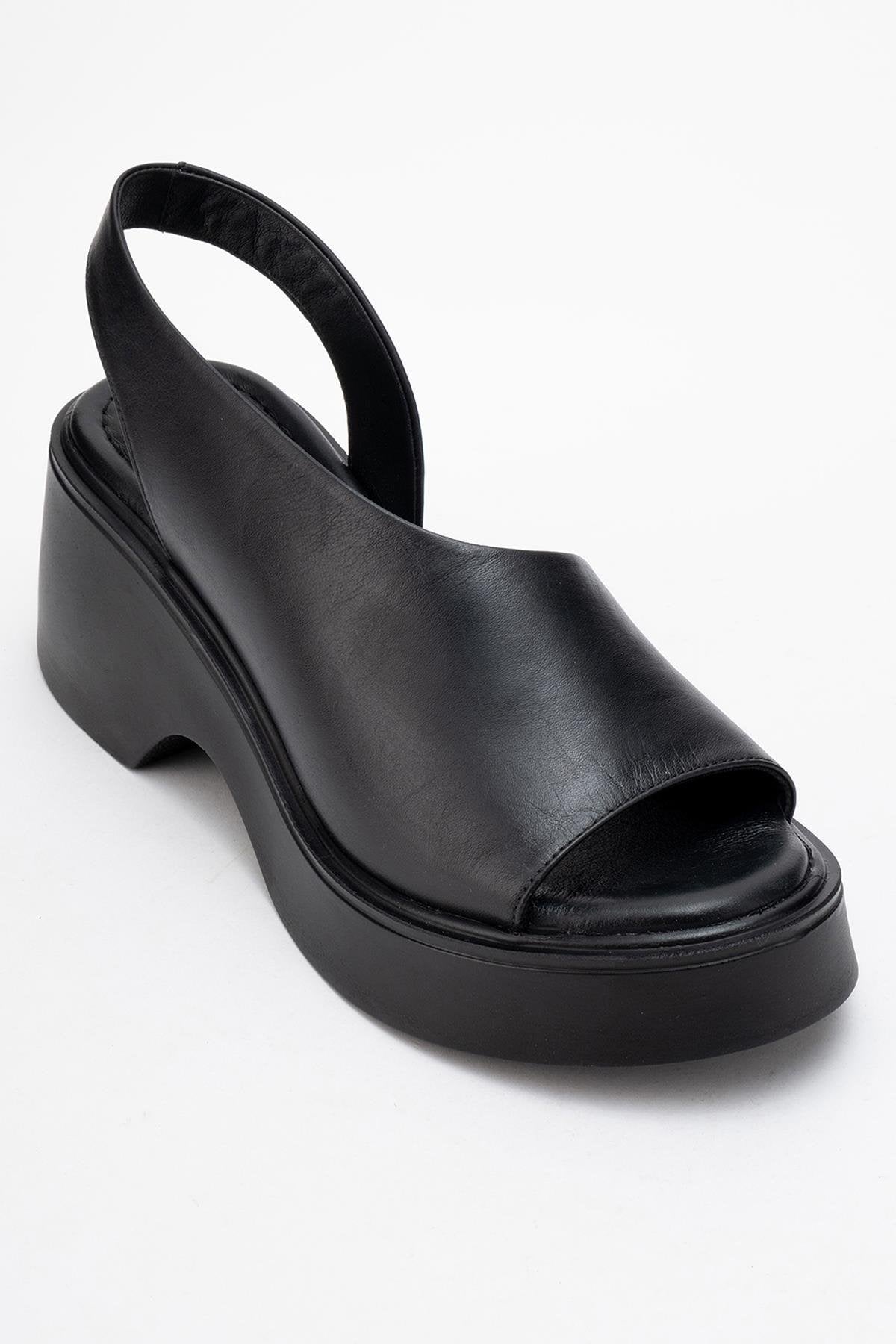 ROY - Black Leather Wedge Sandal – detail view showing leather, black, red, Vowalisse