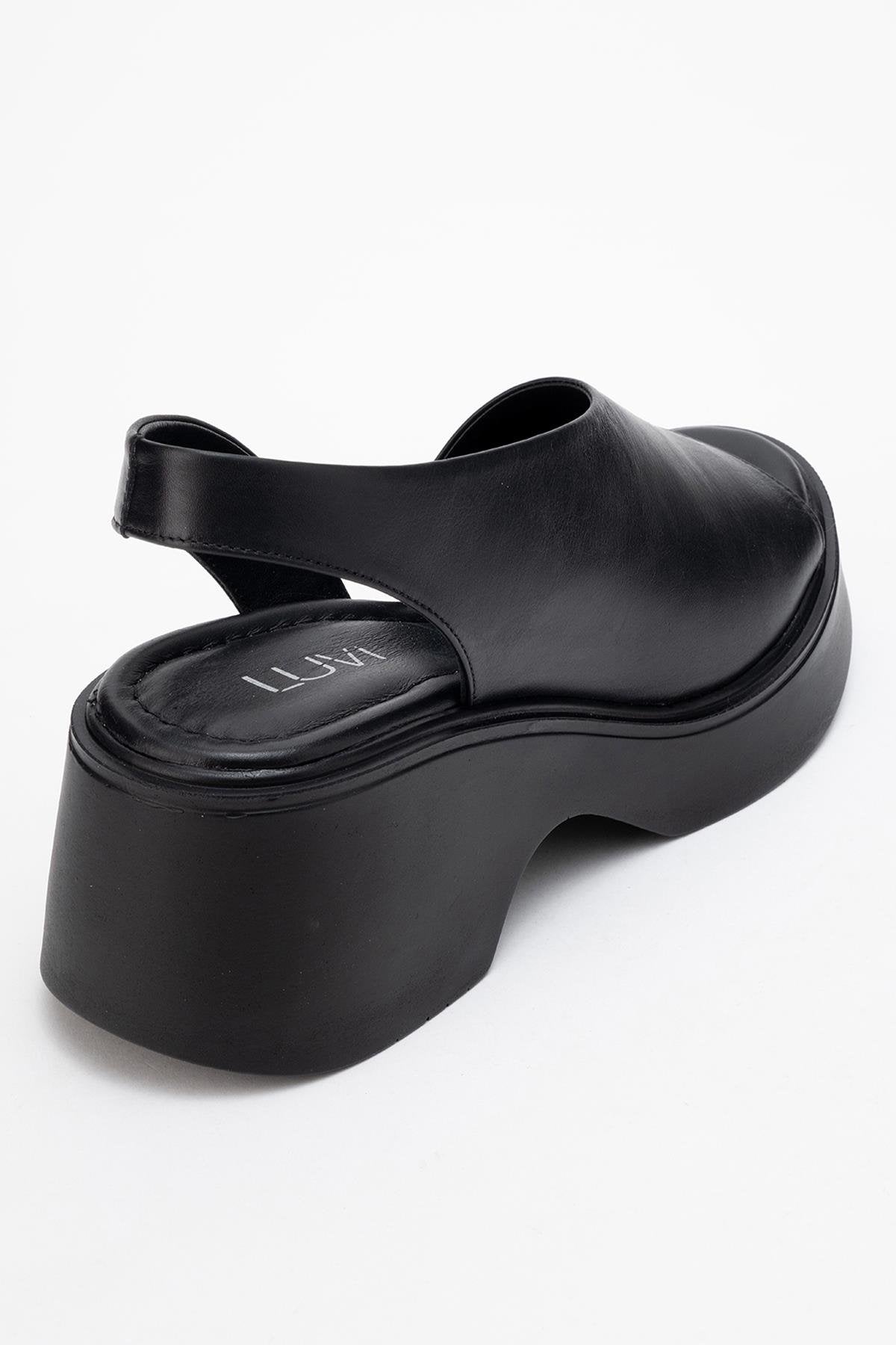 ROY - Black Leather Wedge Sandal – back view showing leather, black, red, Vowalisse