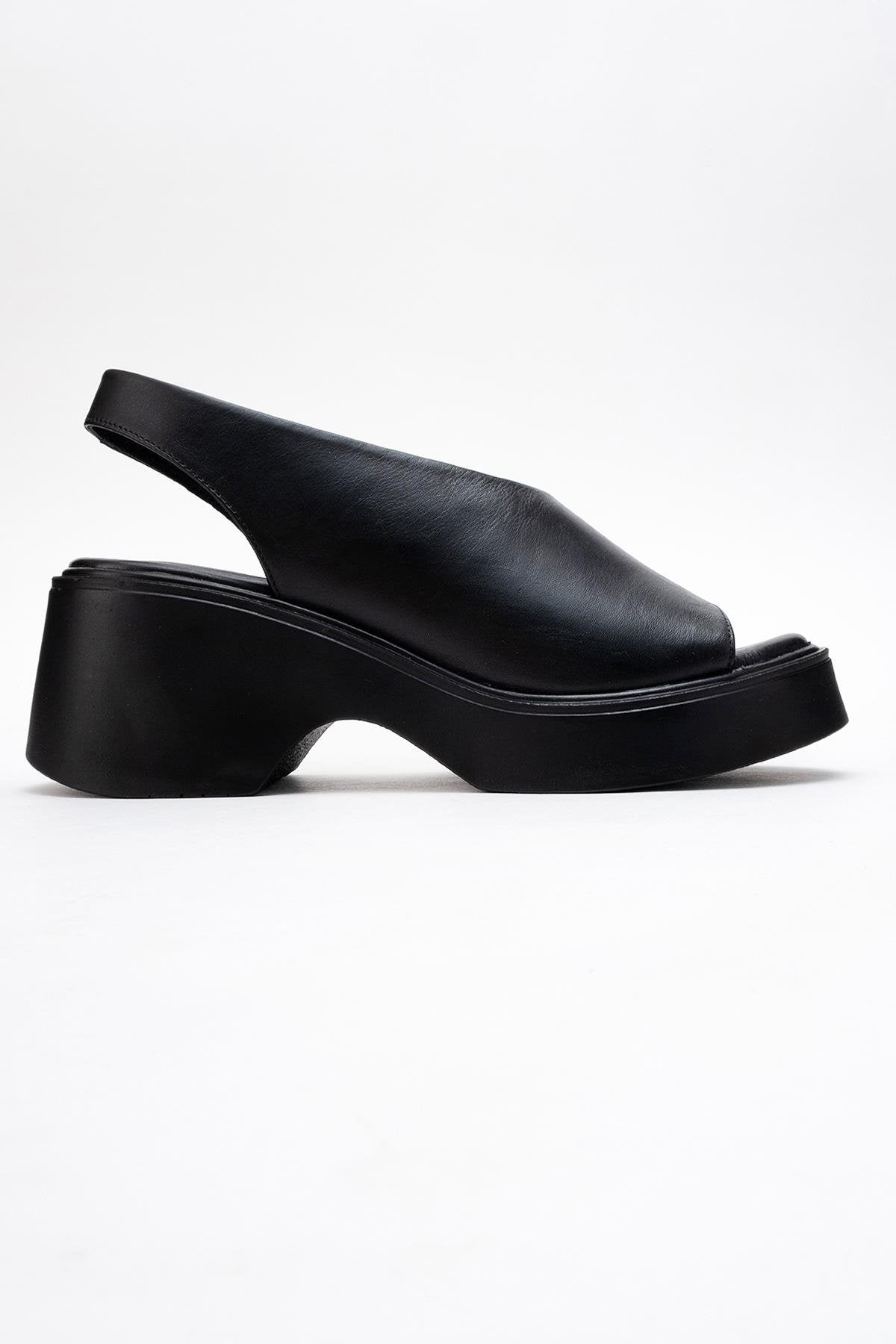 ROY - Black Leather Wedge Sandal – top view showing leather, black, red, Vowalisse