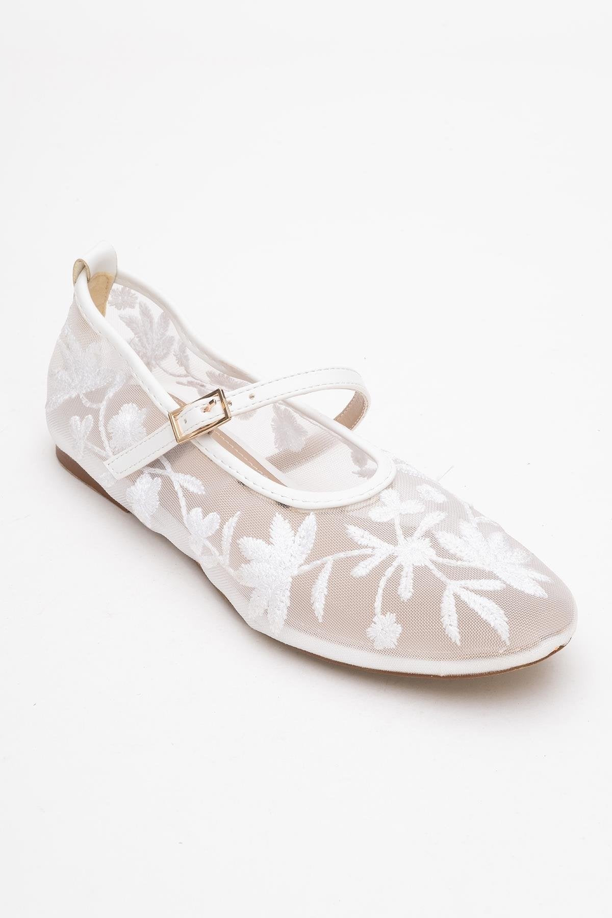 Juny White Mesh Floral Embroidery Ballet Flat – detail view showing leather, mesh, white, Vowalisse