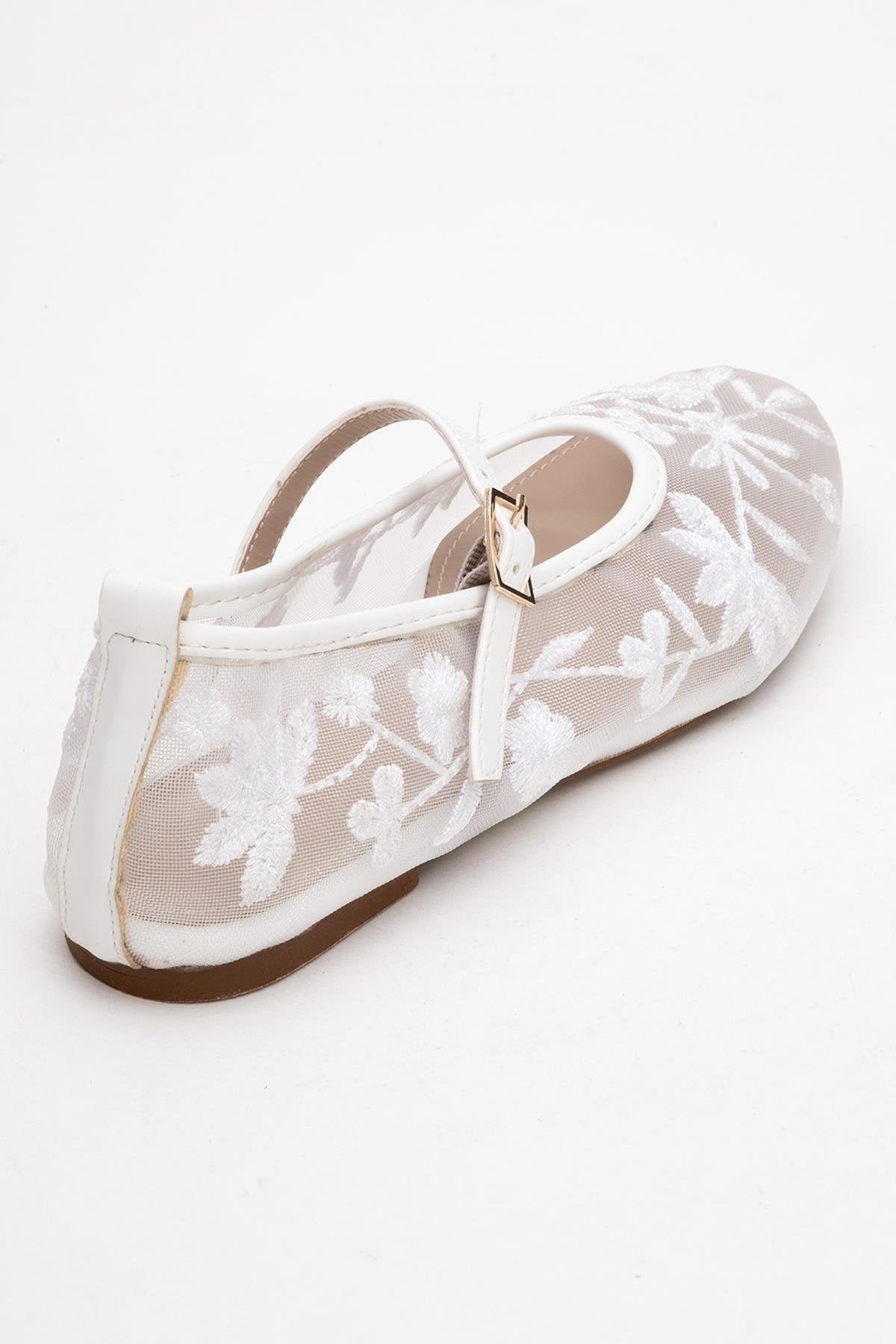 Juny White Mesh Floral Embroidery Ballet Flat – back view showing leather, mesh, white, Vowalisse