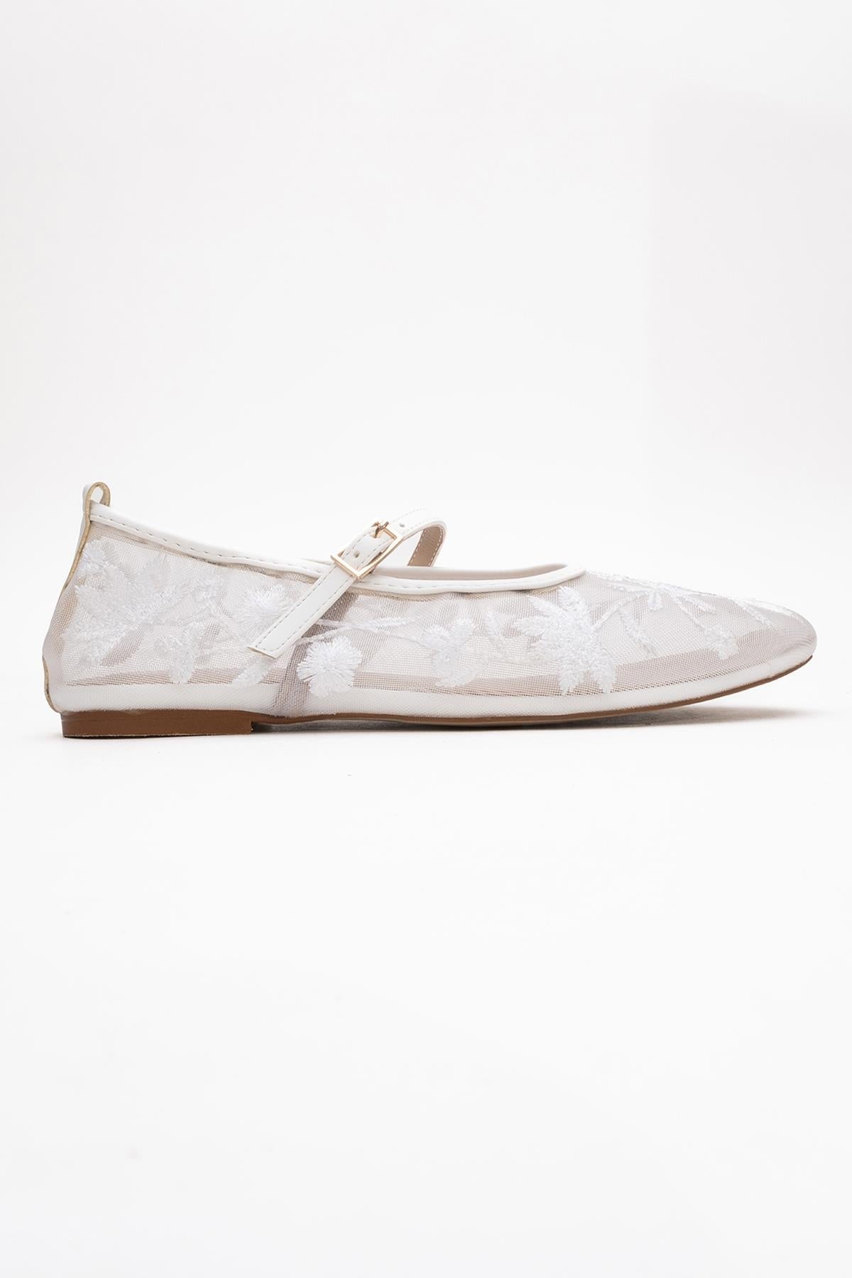 Juny White Mesh Floral Embroidery Ballet Flat – top view showing leather, mesh, white, Vowalisse