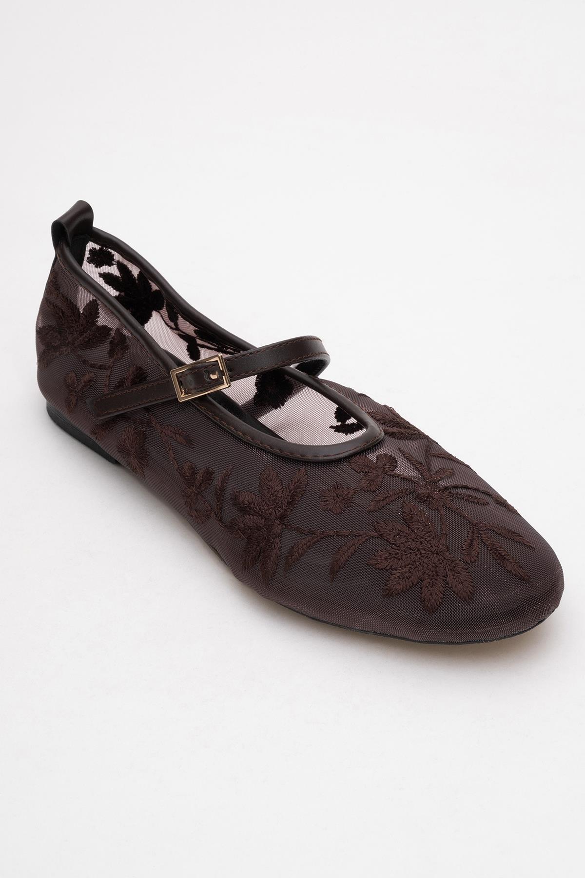 Juny Brown Mesh Floral Embroidery Ballet Flat – detail view showing leather, mesh, red, Vowalisse