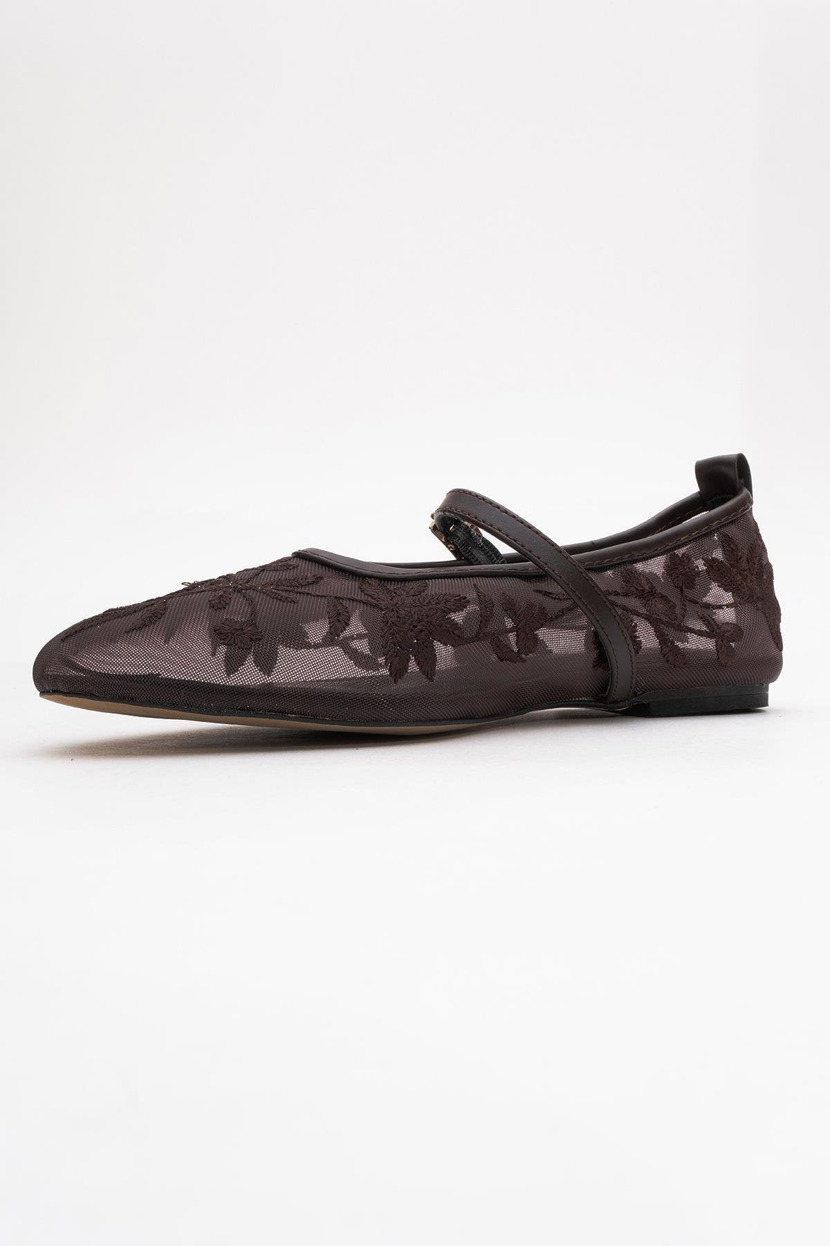 Juny Brown Mesh Floral Embroidery Ballet Flat – heel view showing leather, mesh, red, Vowalisse